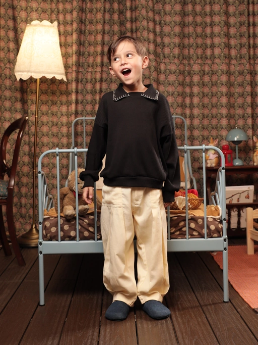 Image of SABINE AND HEEM - BAMU Collar Sweater With Hand Stitch - Black - Atasan Sweater Katun Rib Berkerah Anak
