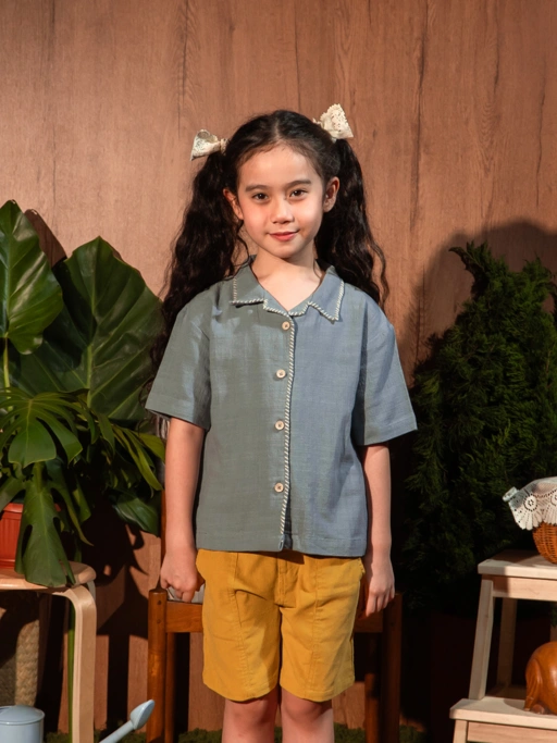 Image of SABINE AND HEEM - EDEN Linen Sashiko Shirt - Dusty Blue - Kemeja Linen Anak