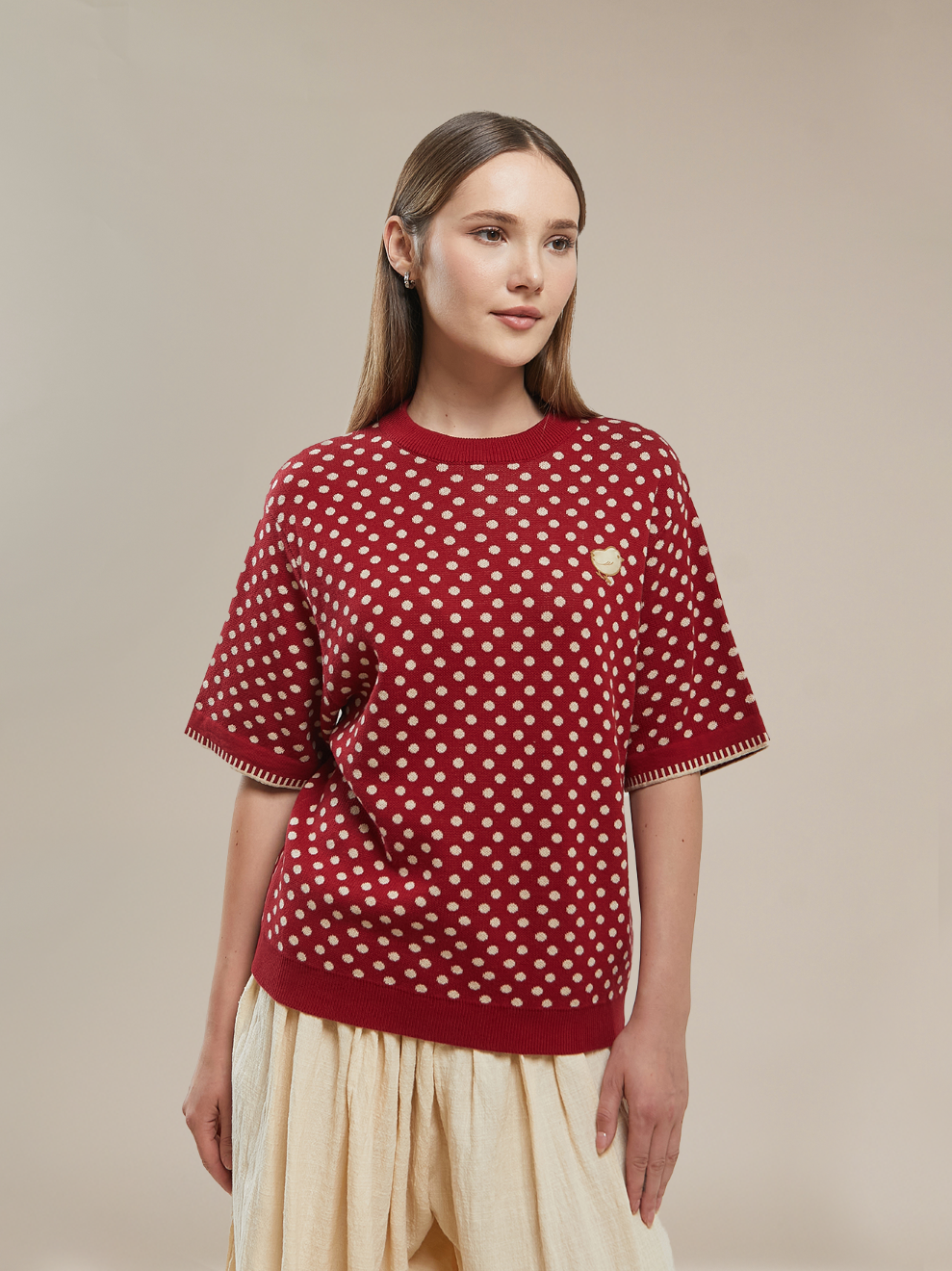 SABINE AND HEEM - NA WILLA - POLKADOT Knitted Tee - Maroon - Adult Knit T-Shirt