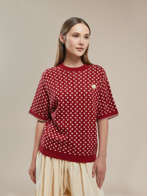 SABINE AND HEEM - NA WILLA - POLKADOT Knitted Tee - Maroon - Adult Knit T-Shirt
