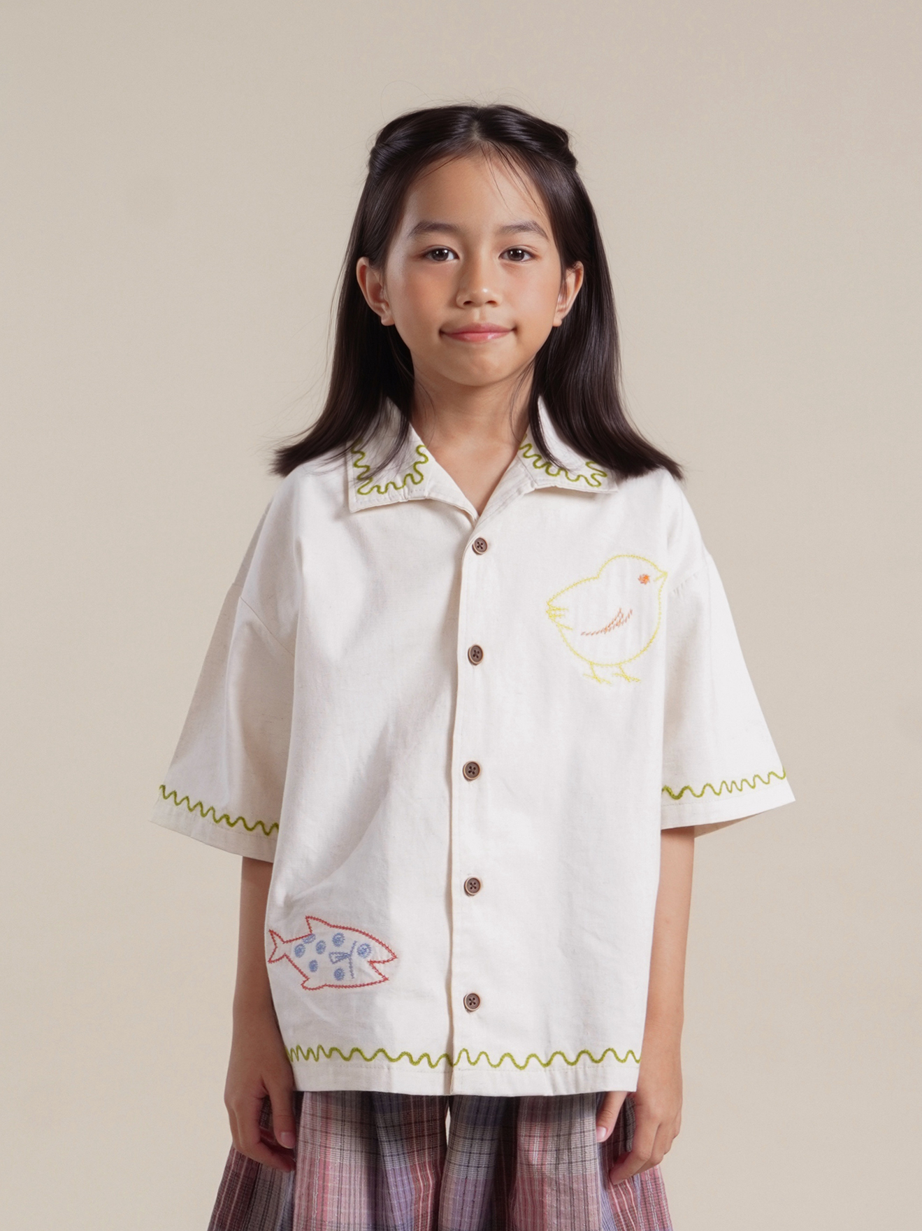 SABINE AND HEEM - NA WILLA - Chicken Fish Embroidery Shirt - Kids - Broken White - Kids Shirt