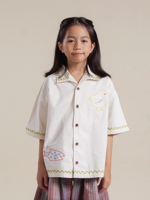 SABINE AND HEEM - NA WILLA - Chicken Fish Embroidery Shirt - Kids - Broken White - Kids Shirt