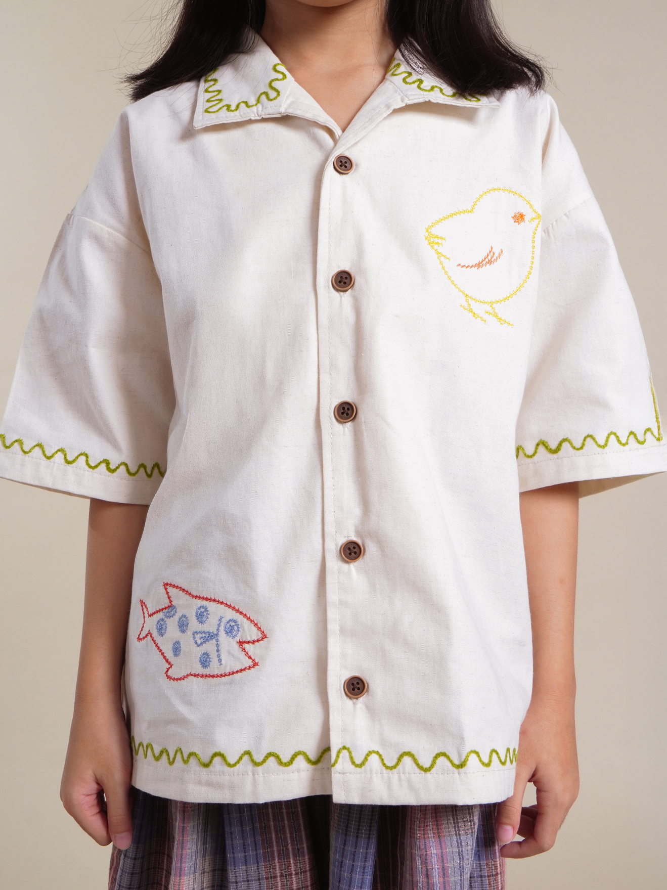 SABINE AND HEEM - NA WILLA - Chicken Fish Embroidery Shirt - Kids - Broken White - Kids Shirt