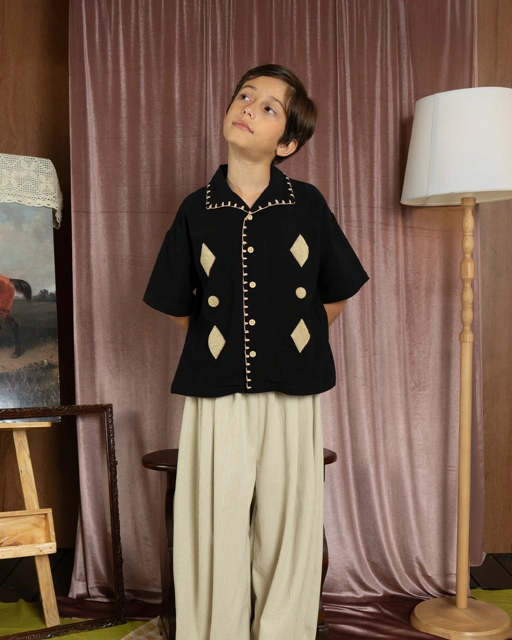 SABINE AND HEEM - WONDER Embroidery Linen Shirt - Black - Kids Linen Shirt
