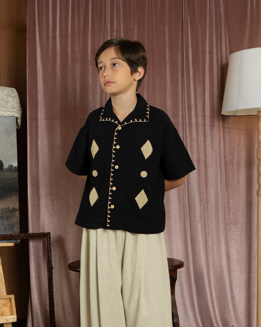 SABINE AND HEEM - WONDER Embroidery Linen Shirt - Black - Kids Linen Shirt