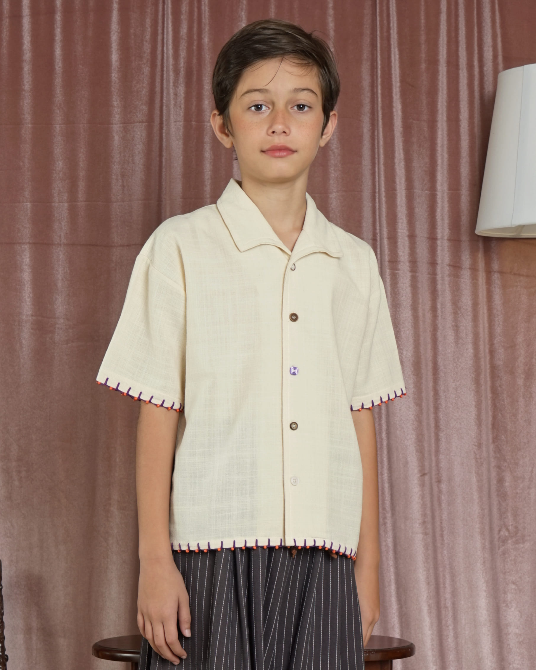 SABINE AND HEEM - BAKU Linen Handstitch Beads Shirt - Cannoli Cream - Kids Linen Shirt