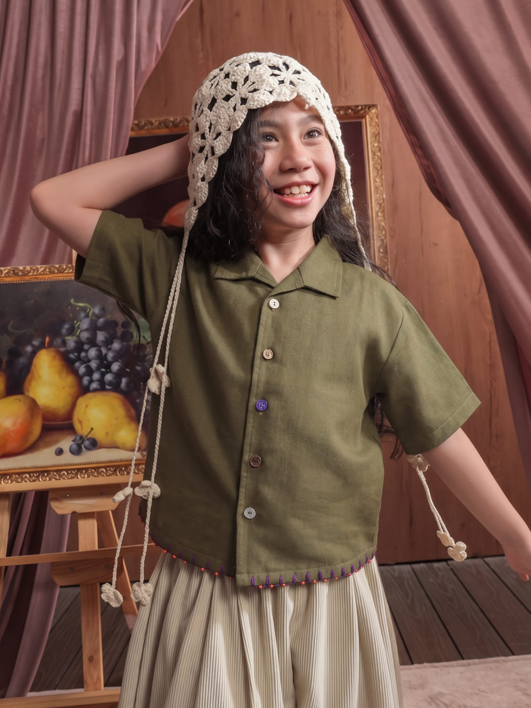 SABINE AND HEEM - BAKU Linen Handstitch Beads Shirt - Green - Kids Linen Shirt