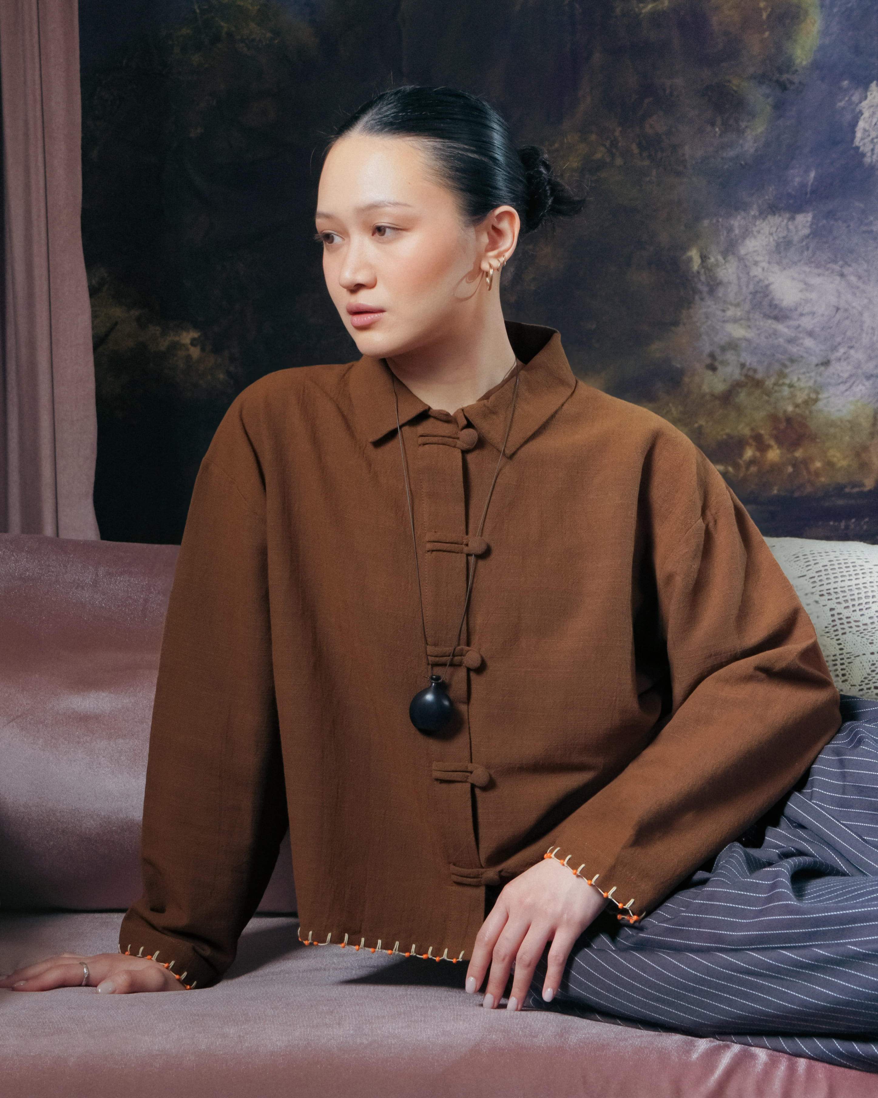 SABINE AND HEEM - MOTE Cotton Collar Shirt - Wood Brown - Adult Beaded Shirt