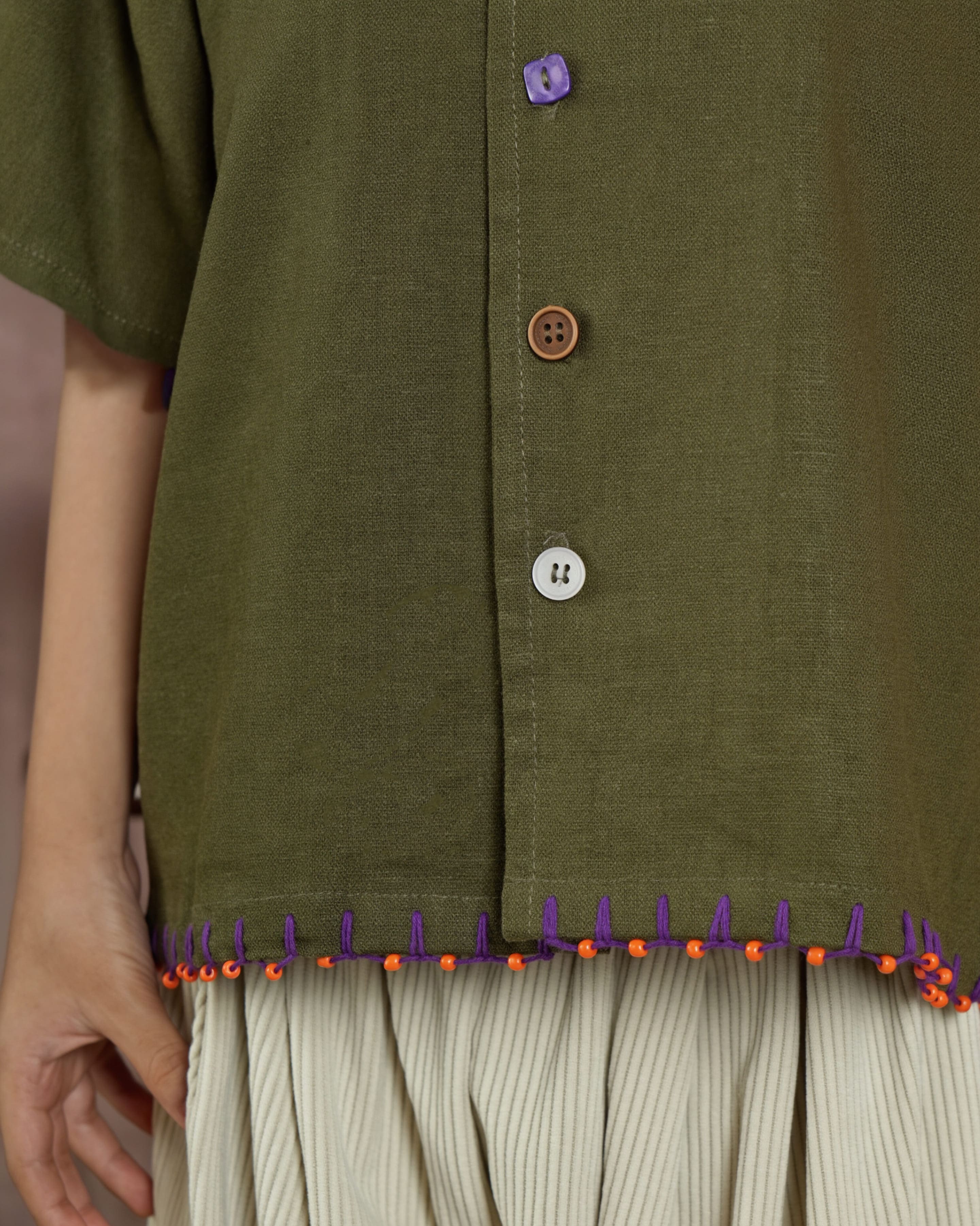 SABINE AND HEEM - BAKU Linen Handstitch Beads Shirt - Green - Kids Linen Shirt