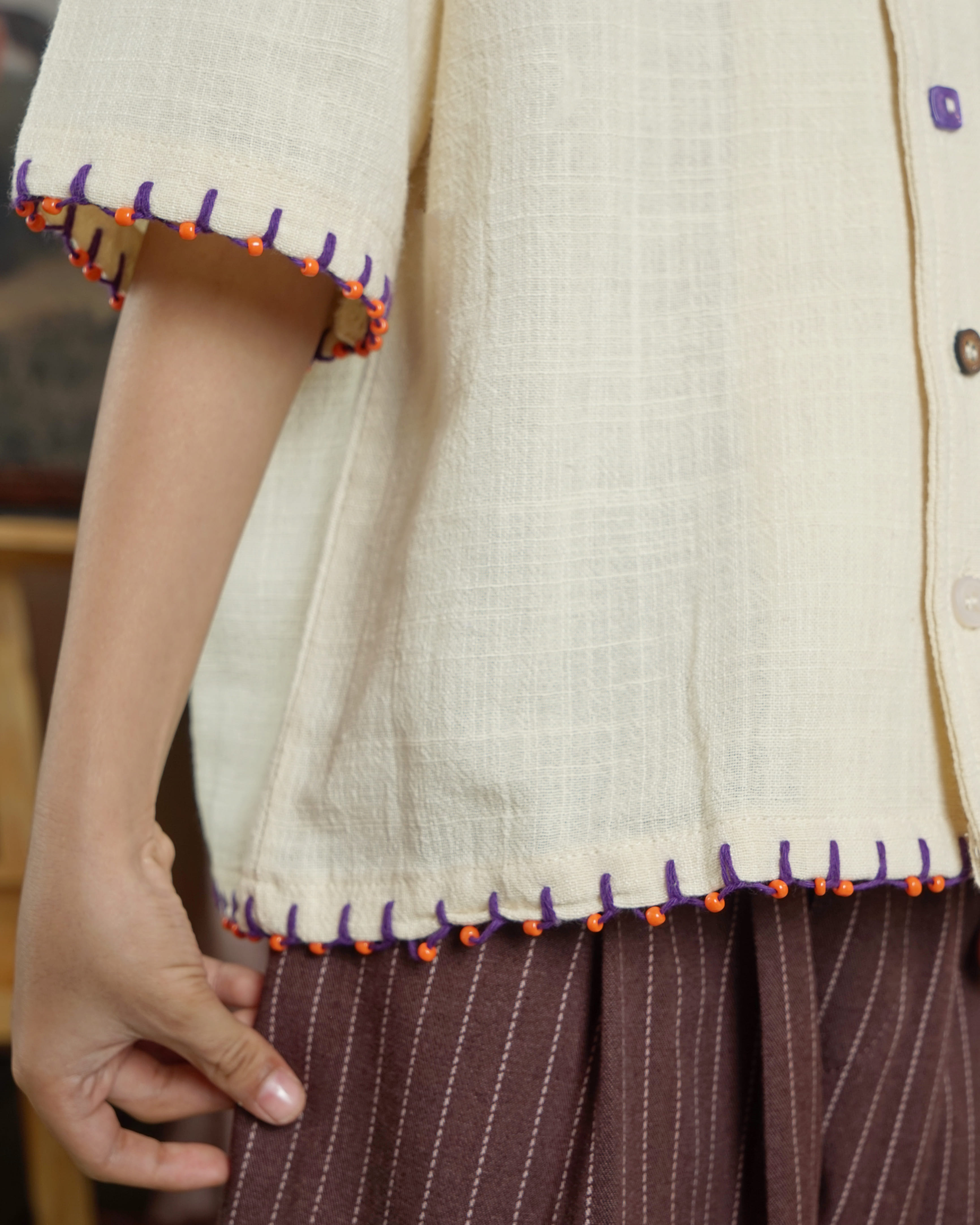 SABINE AND HEEM - BAKU Linen Handstitch Beads Shirt - Cannoli Cream - Kids Linen Shirt