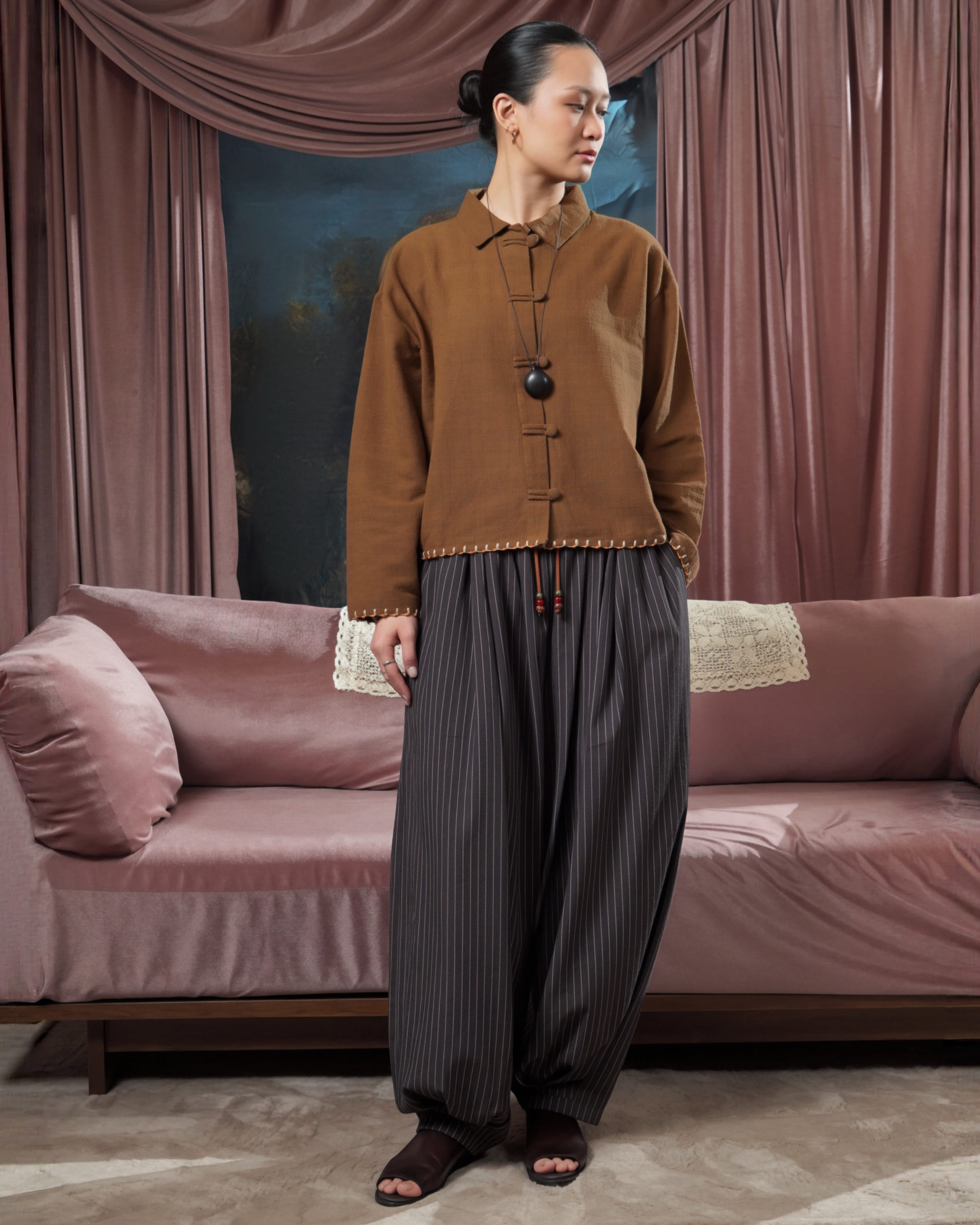 SABINE AND HEEM - MOTE Cotton Collar Shirt - Wood Brown - Adult Beaded Shirt