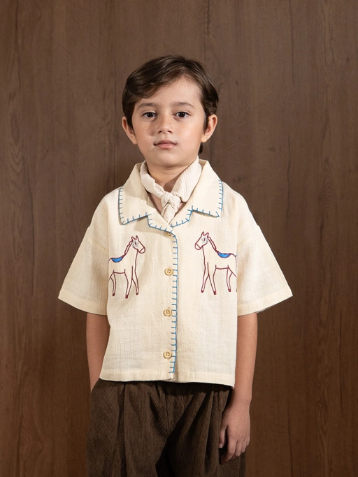 Image of SABINE AND HEEM - HORSE Linen Sashiko Shirt - Kemeja Linen Anak