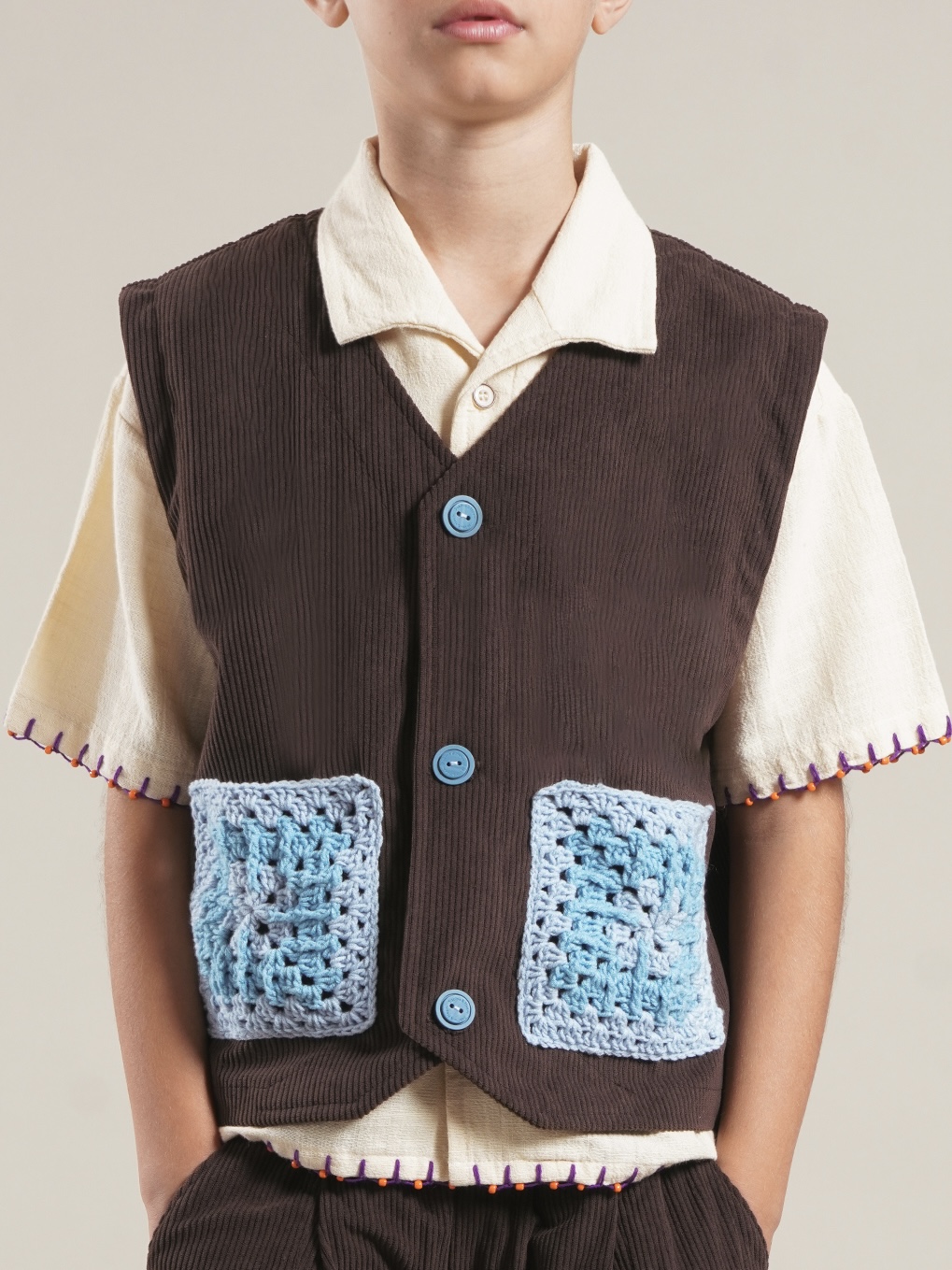 SABINE AND HEEM - JIGG Crochet Corduroy Vest - Wood Brown - Atasan Rompi Corduroy Anak