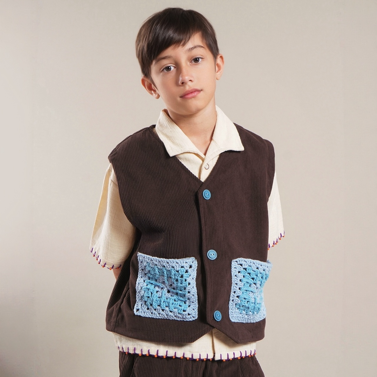 SABINE AND HEEM - JIGG Crochet Corduroy Vest - Wood Brown - Atasan Rompi Corduroy Anak