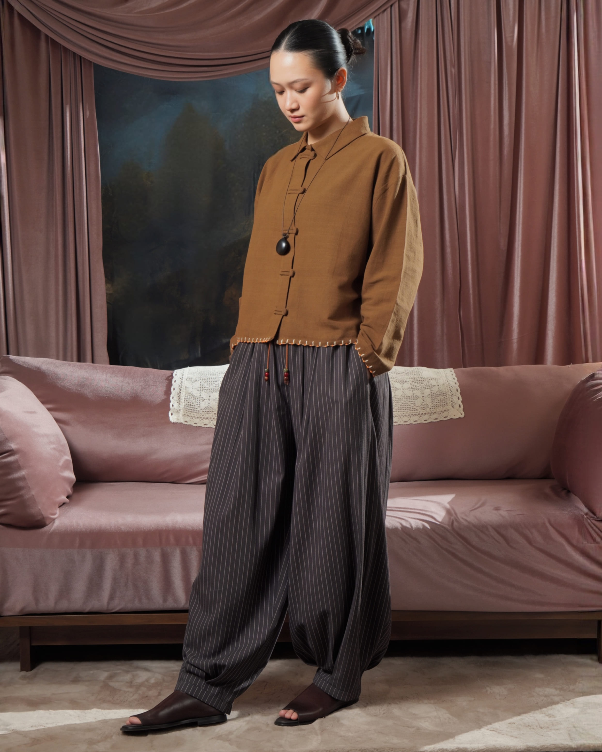 SABINE AND HEEM - MOTE Cotton Collar Shirt - Wood Brown - Adult Beaded Shirt