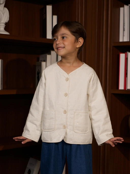 Image of RAN X SABINE AND HEEM - MEMORY Embroidery Linen Puff Outer - Kids Linen Embroidered Jacket