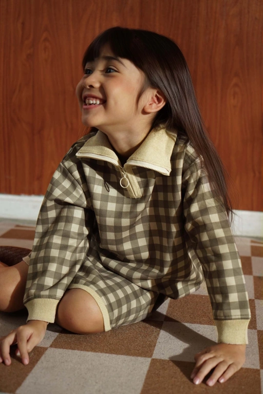 Image of SABINE AND HEEM - MAGGA Gingham Half Zipper Sweater - Gingham Plaid Green - Kids Cotton Sweater