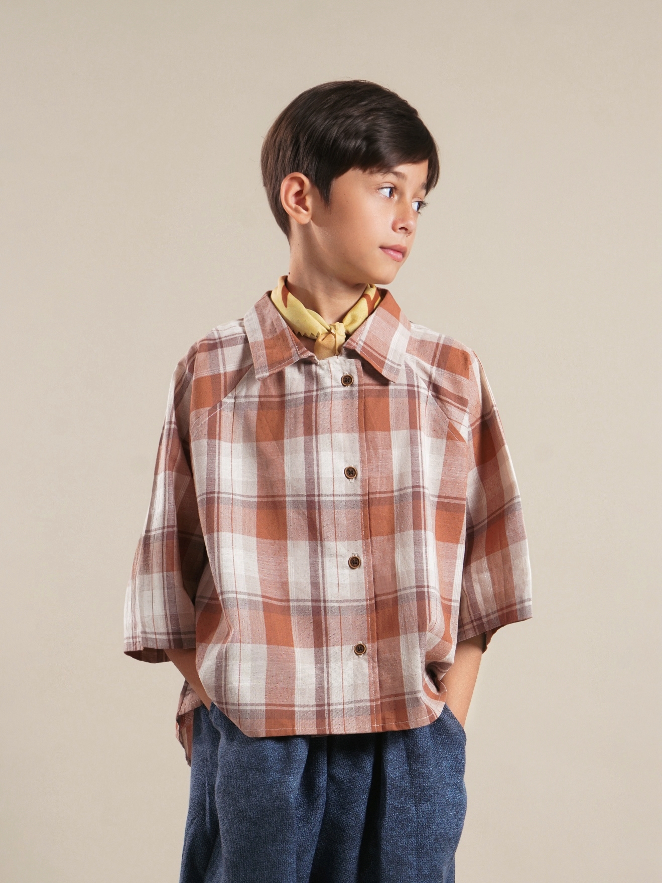 SABINE AND HEEM - BILBAO Raglan Boxy Shirt - Plaid Brown Terra - Kids Cotton Shirt Top