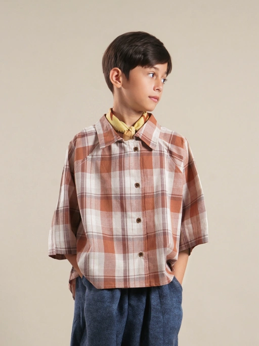 SABINE AND HEEM - BILBAO Raglan Boxy Shirt - Plaid Brown Terra - Kids Cotton Shirt Top