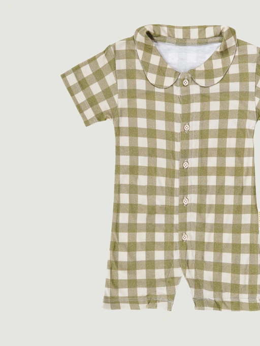 Image of SABINE AND HEEM - TAAM TAAM COLLAR ROMPER - Gingham Olive - Cotton Bamboo Baby Wear