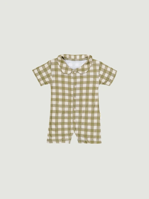 Image of SABINE AND HEEM - TAAM TAAM COLLAR ROMPER - Gingham Olive - Cotton Bamboo Baby Wear