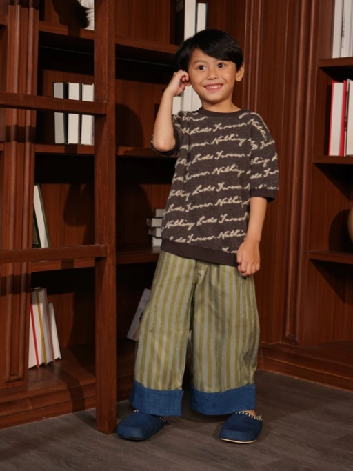 Image of RAN X SABINE AND HEEM - STRIPES ROLLED Up Twill Pants - Kids Twill Mix Denim Pants