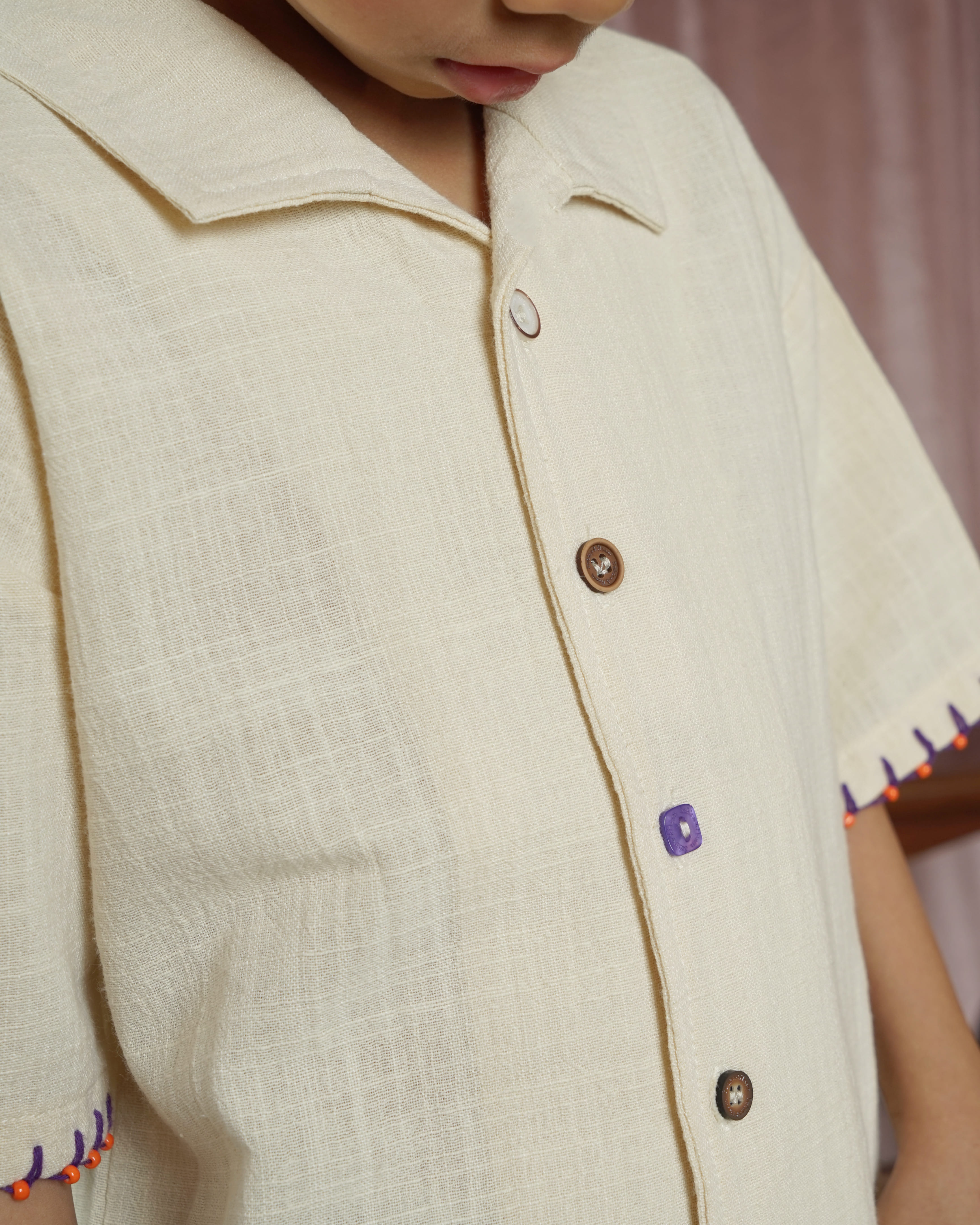 SABINE AND HEEM - BAKU Linen Handstitch Beads Shirt - Cannoli Cream - Kids Linen Shirt