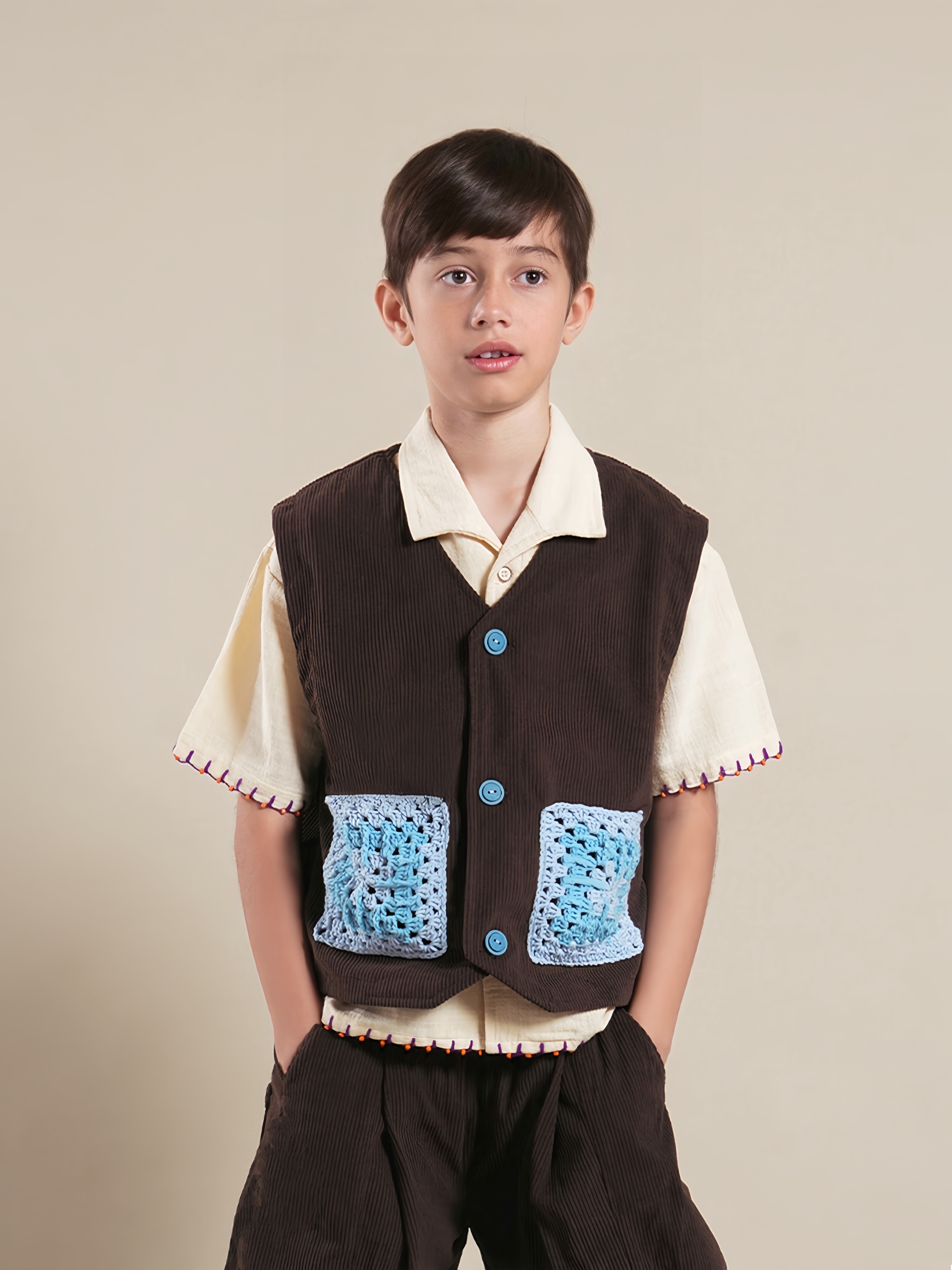 SABINE AND HEEM - JIGG Crochet Corduroy Vest - Wood Brown - Atasan Rompi Corduroy Anak