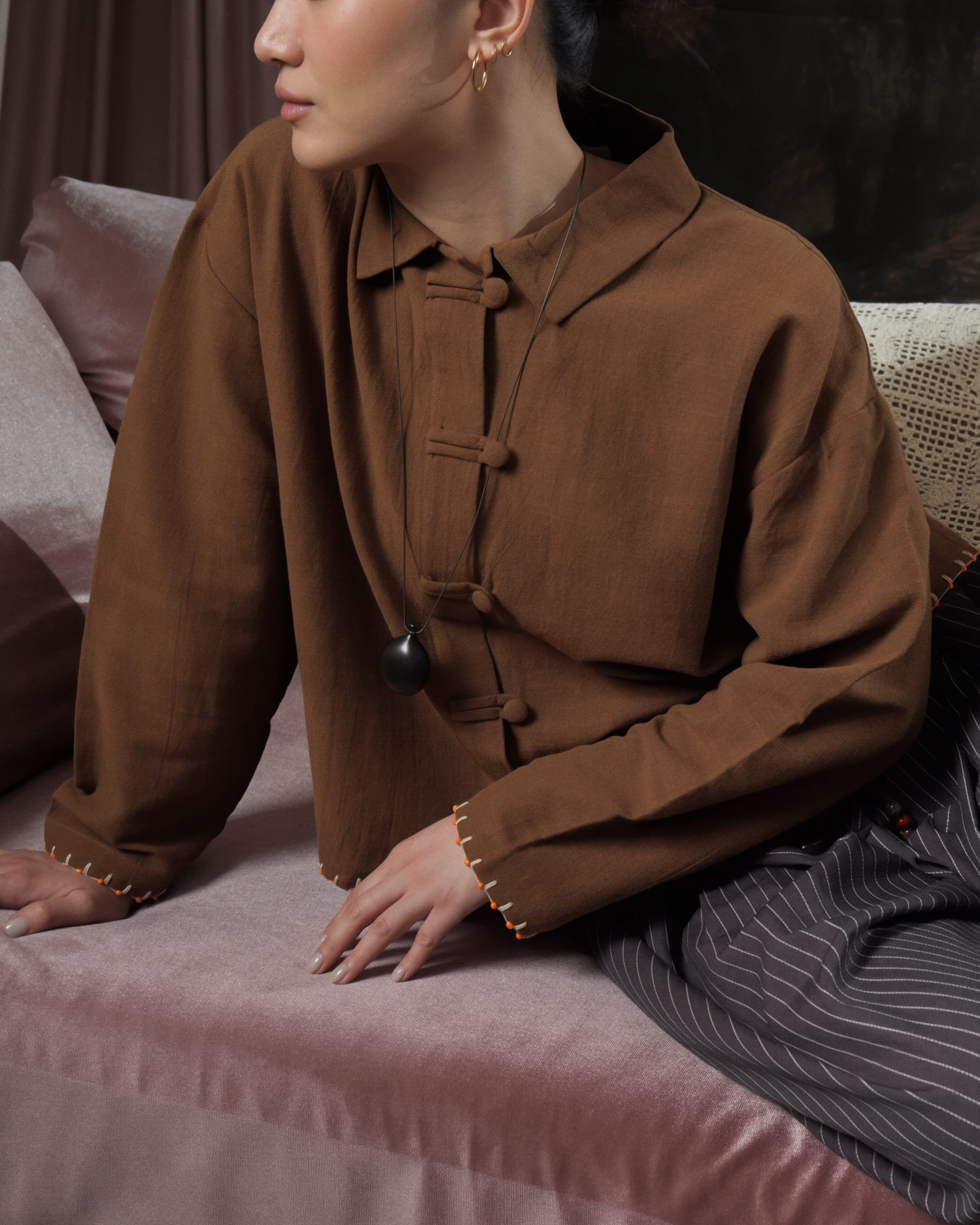 SABINE AND HEEM - MOTE Cotton Collar Shirt - Wood Brown - Adult Beaded Shirt