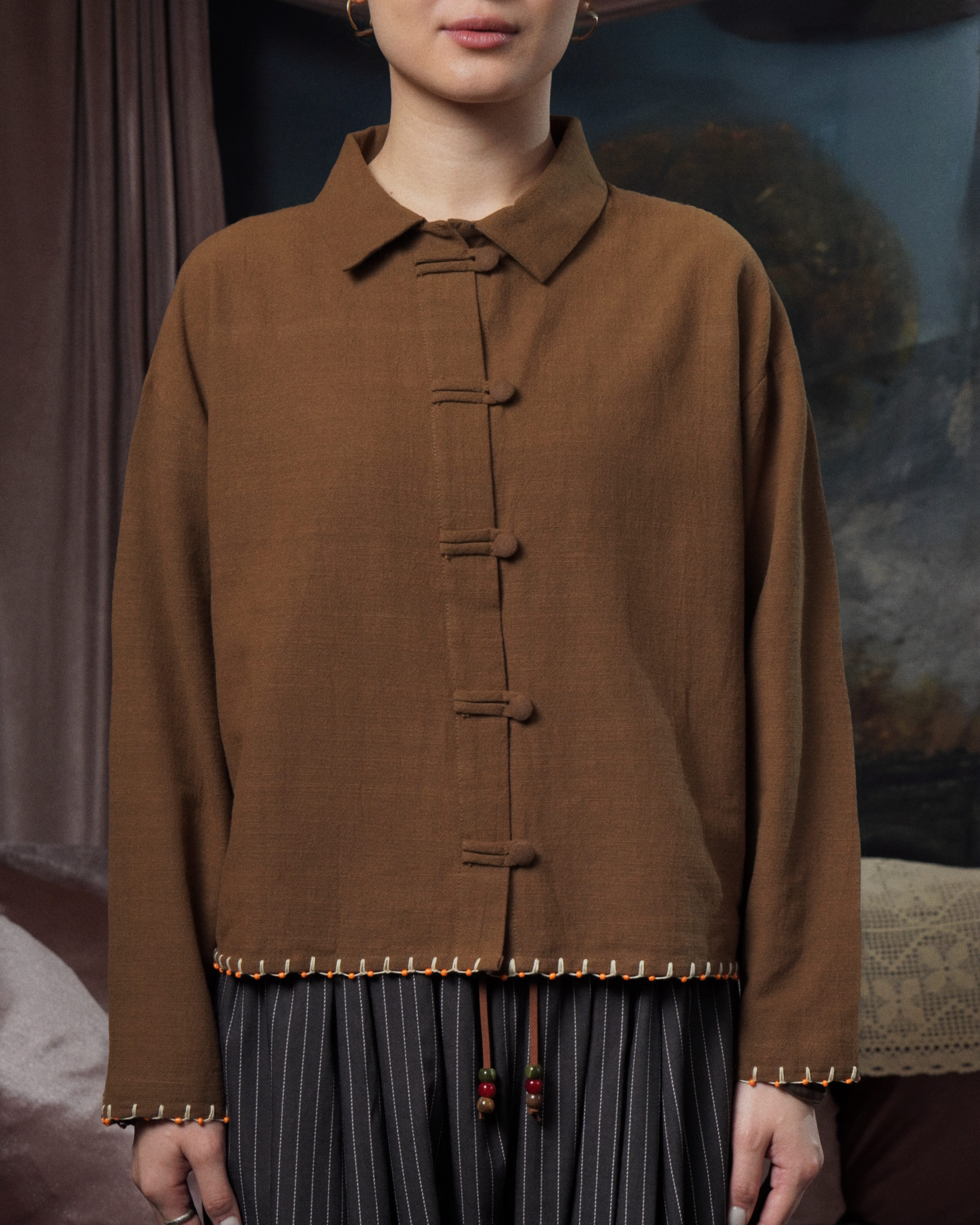 SABINE AND HEEM - MOTE Cotton Collar Shirt - Wood Brown - Adult Beaded Shirt