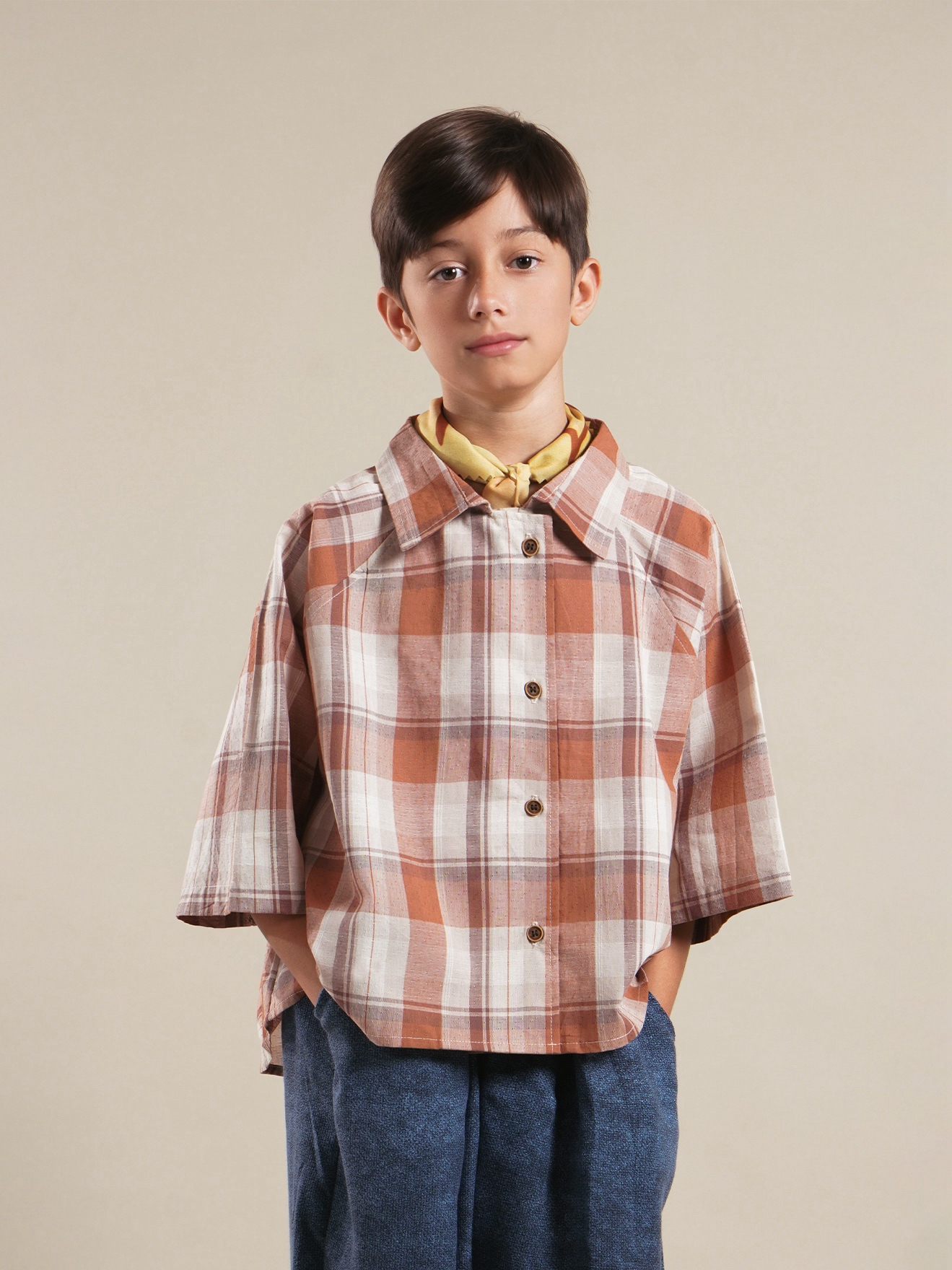 SABINE AND HEEM - BILBAO Raglan Boxy Shirt - Plaid Brown Terra - Kids Cotton Shirt Top