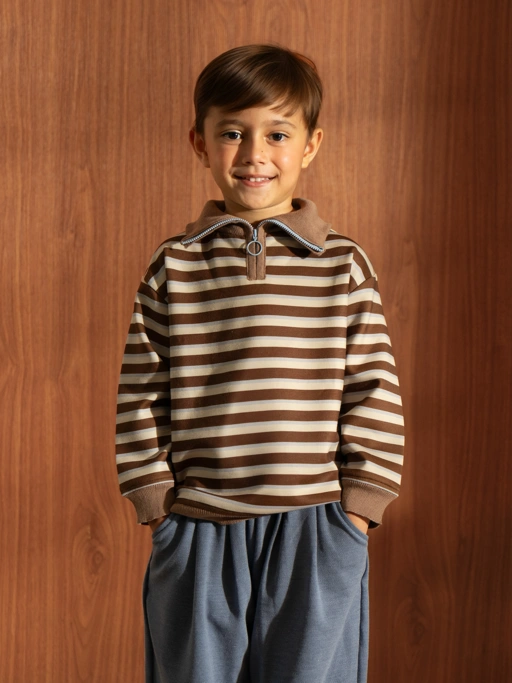 Image of SABINE AND HEEM - MAGGA Stripe Half Zipper Sweater - Brown Striped - Kids Cotton Sweater