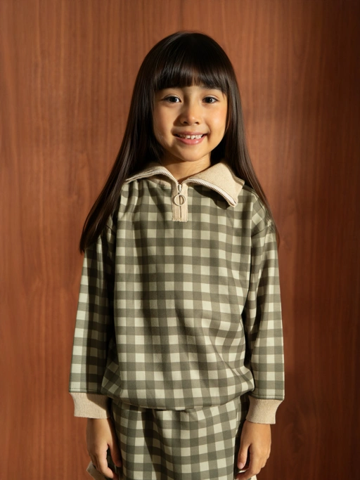 Image of SABINE AND HEEM - MAGGA Gingham Half Zipper Sweater - Gingham Plaid Green - Kids Cotton Sweater