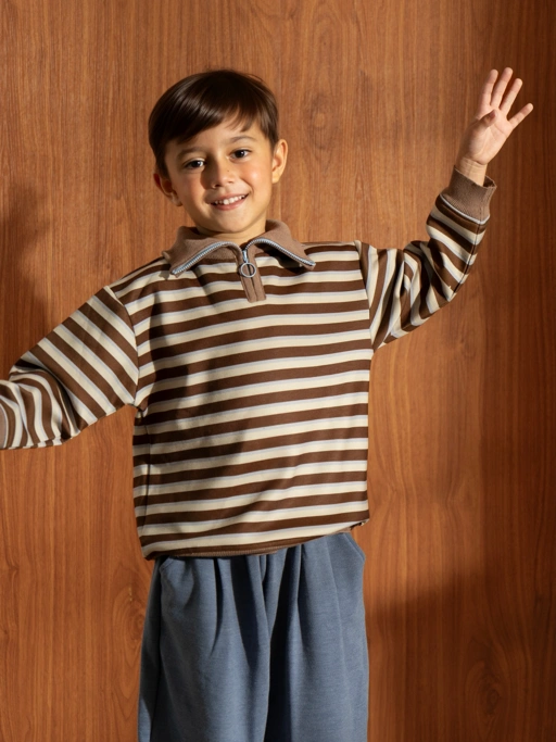 Image of SABINE AND HEEM - MAGGA Stripe Half Zipper Sweater - Brown Striped - Kids Cotton Sweater