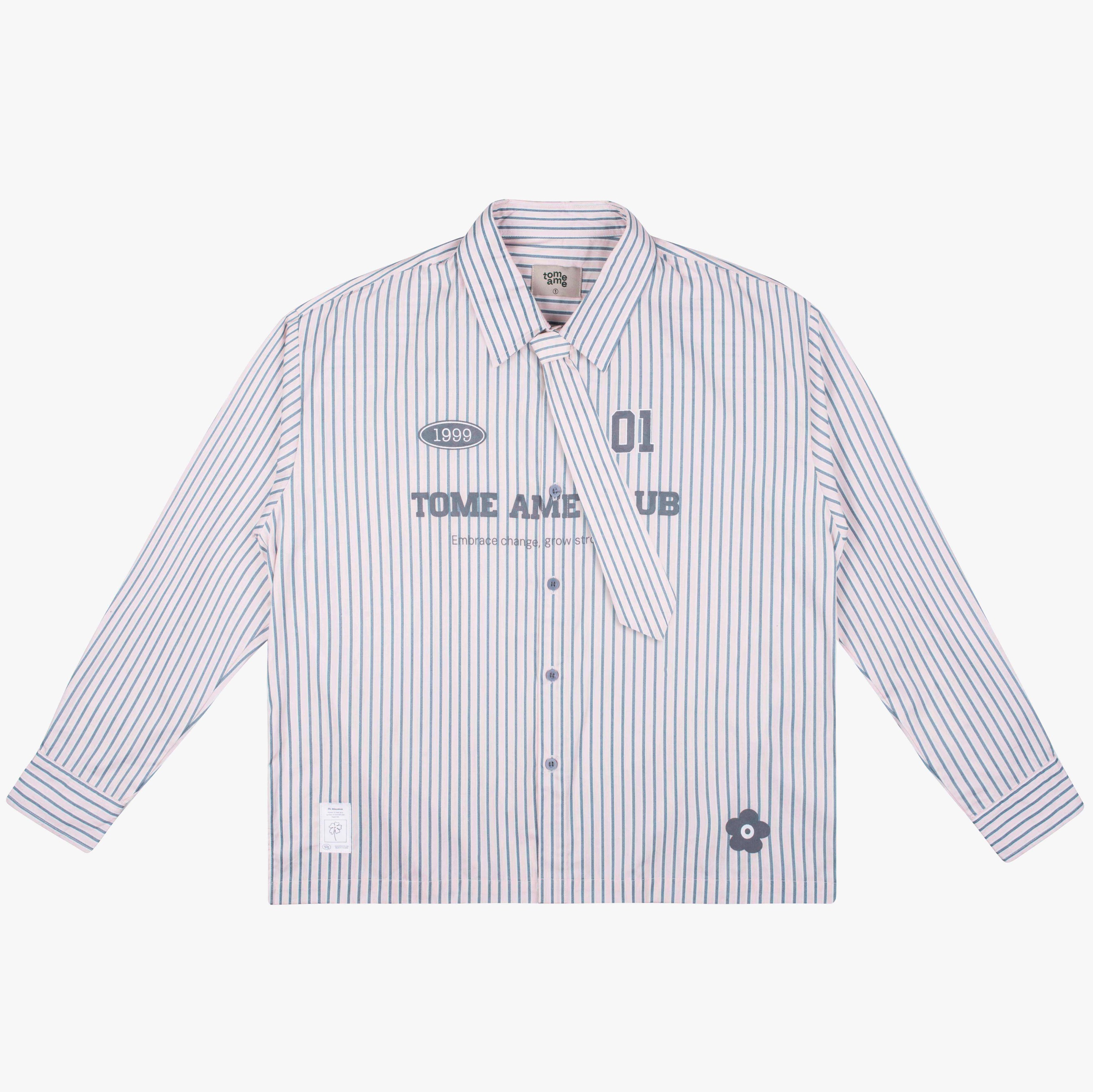 Tome Ame - Tome Ame 01 Stripped Shirt Pink - Kemeja Lengan Panjang Aksen Dasi
