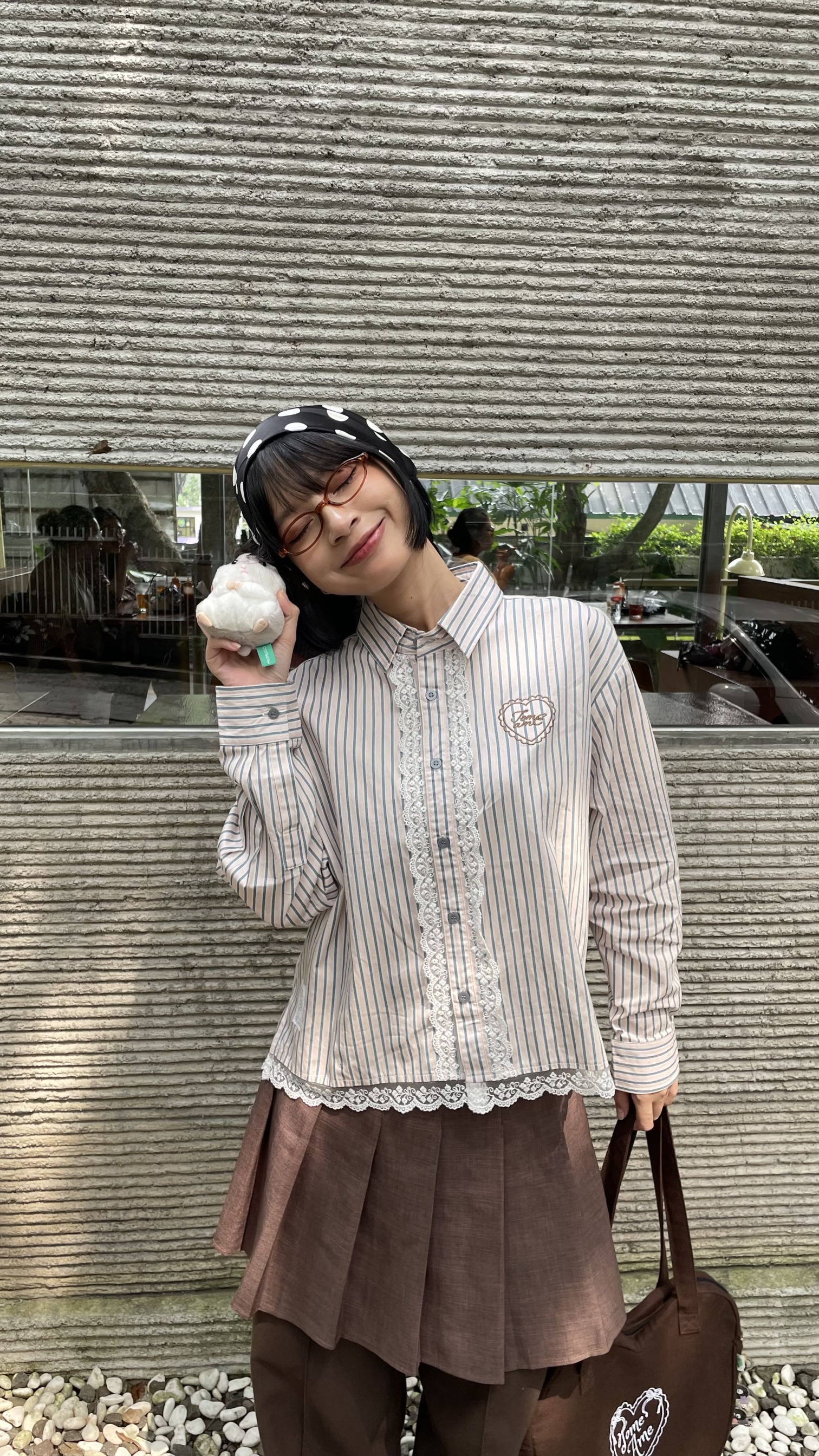 Tome Ame - Omi Striped Shirt Pink - Kemeja Garis Lengan Panjang Embrodiery
