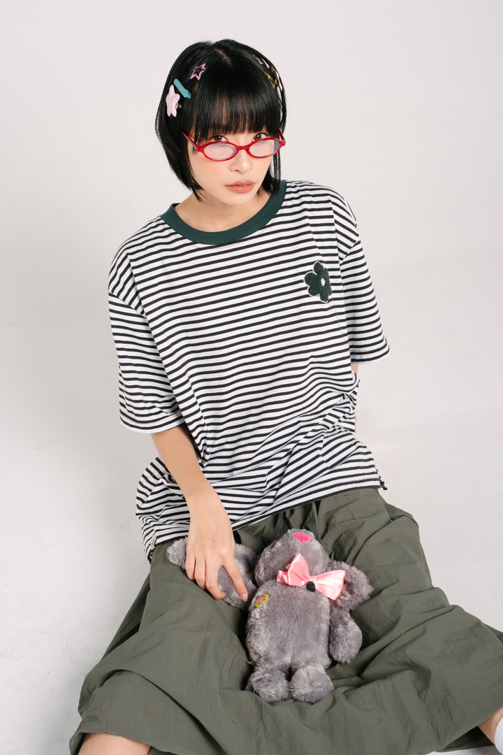 Tome Ame - Reguler Sleeve Mina Striped Oversize Tee Black