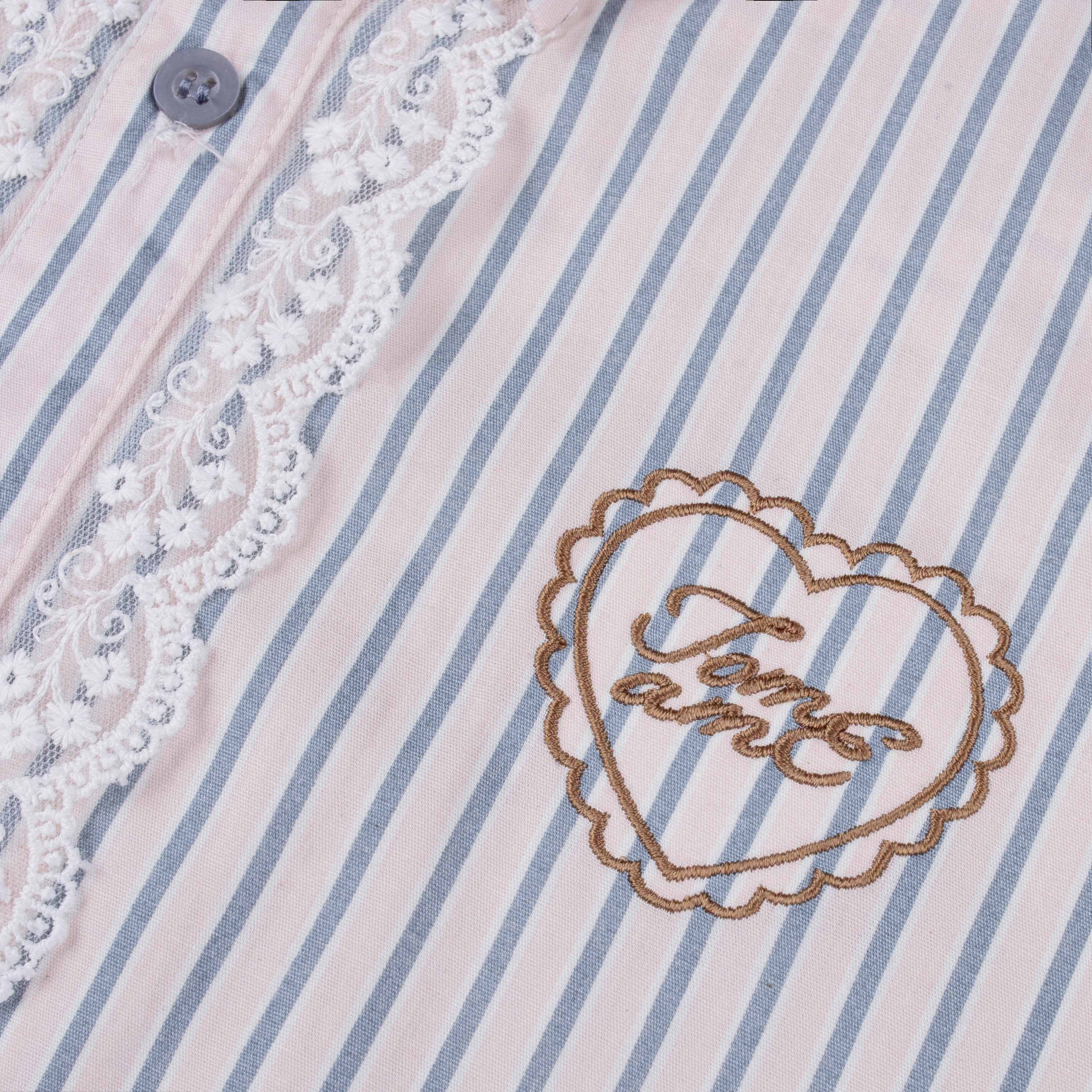 Tome Ame - Omi Striped Shirt Pink - Kemeja Garis Lengan Panjang Embrodiery