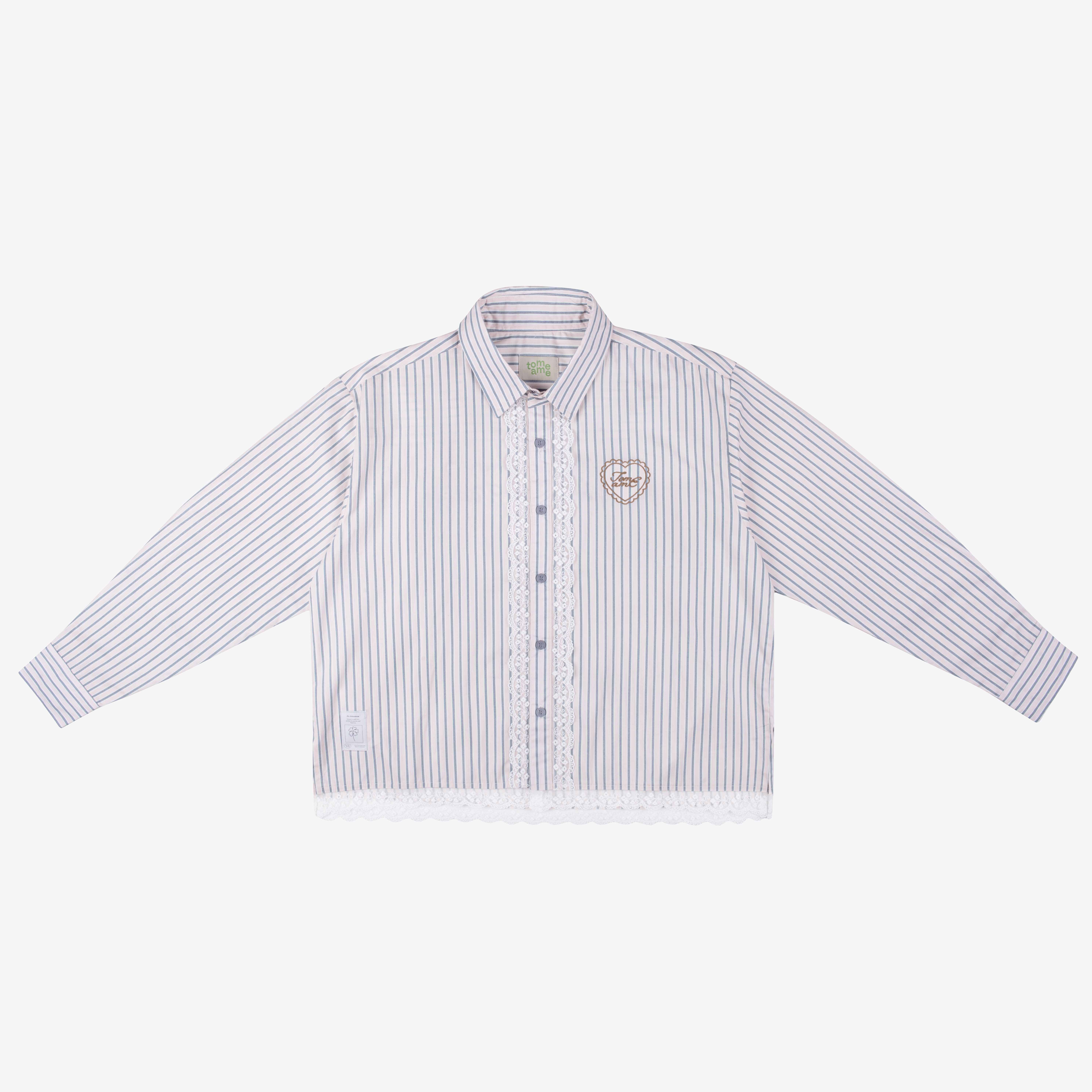 Tome Ame - Omi Striped Shirt Pink - Kemeja Garis Lengan Panjang Embrodiery