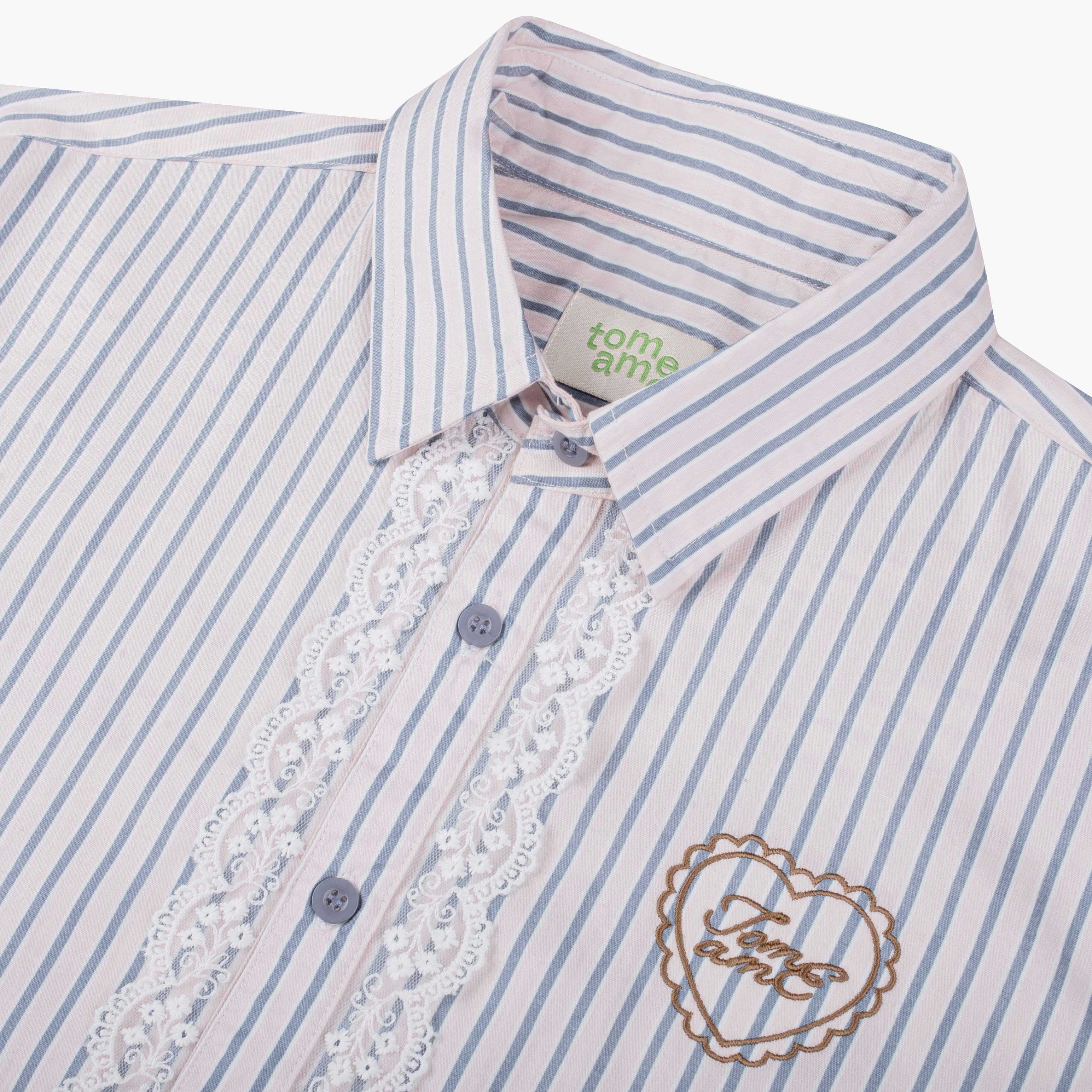 Tome Ame - Omi Striped Shirt Pink - Kemeja Garis Lengan Panjang Embrodiery