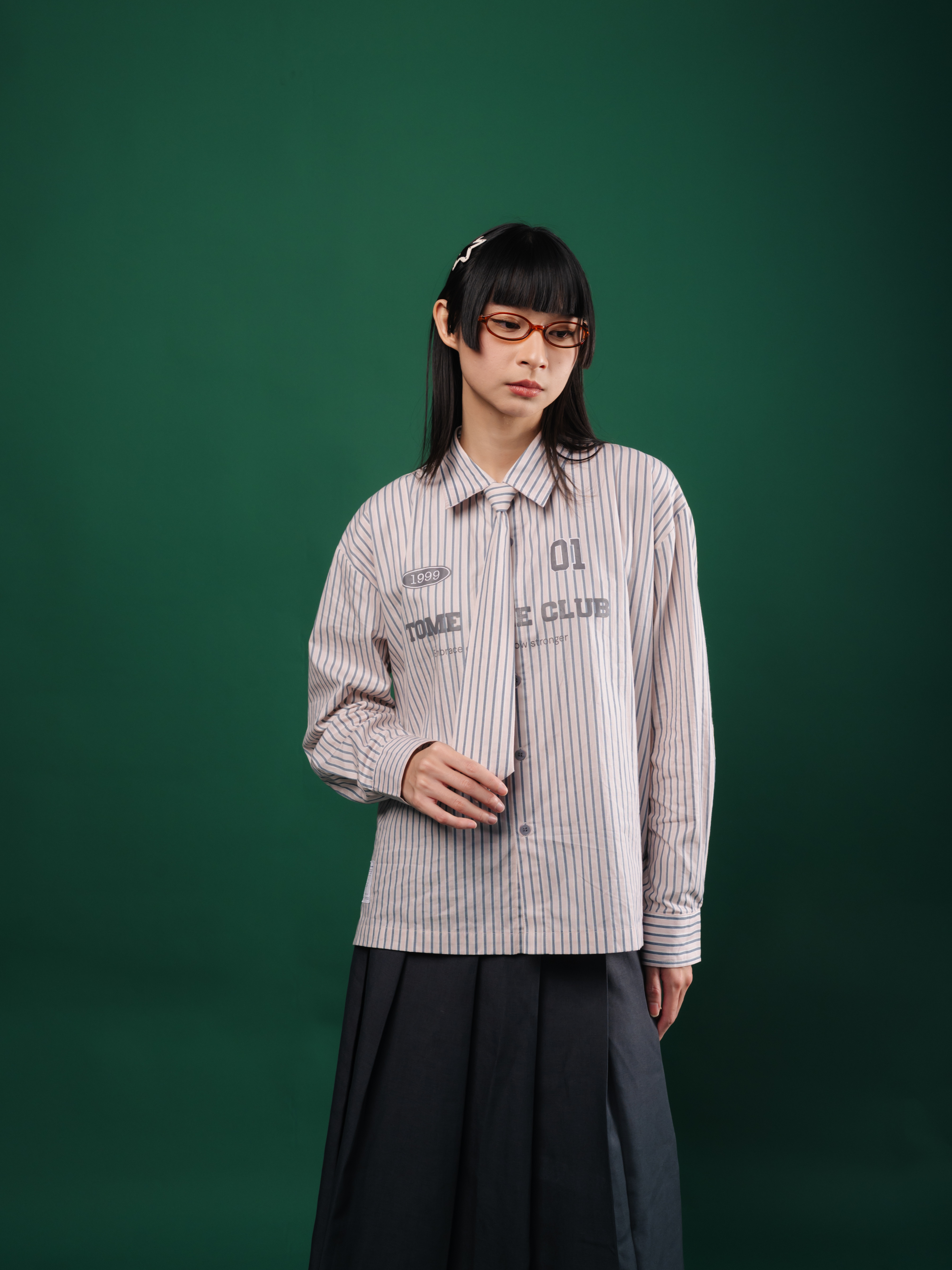 Tome Ame - Tome Ame 01 Stripped Shirt Pink - Kemeja Lengan Panjang Aksen Dasi