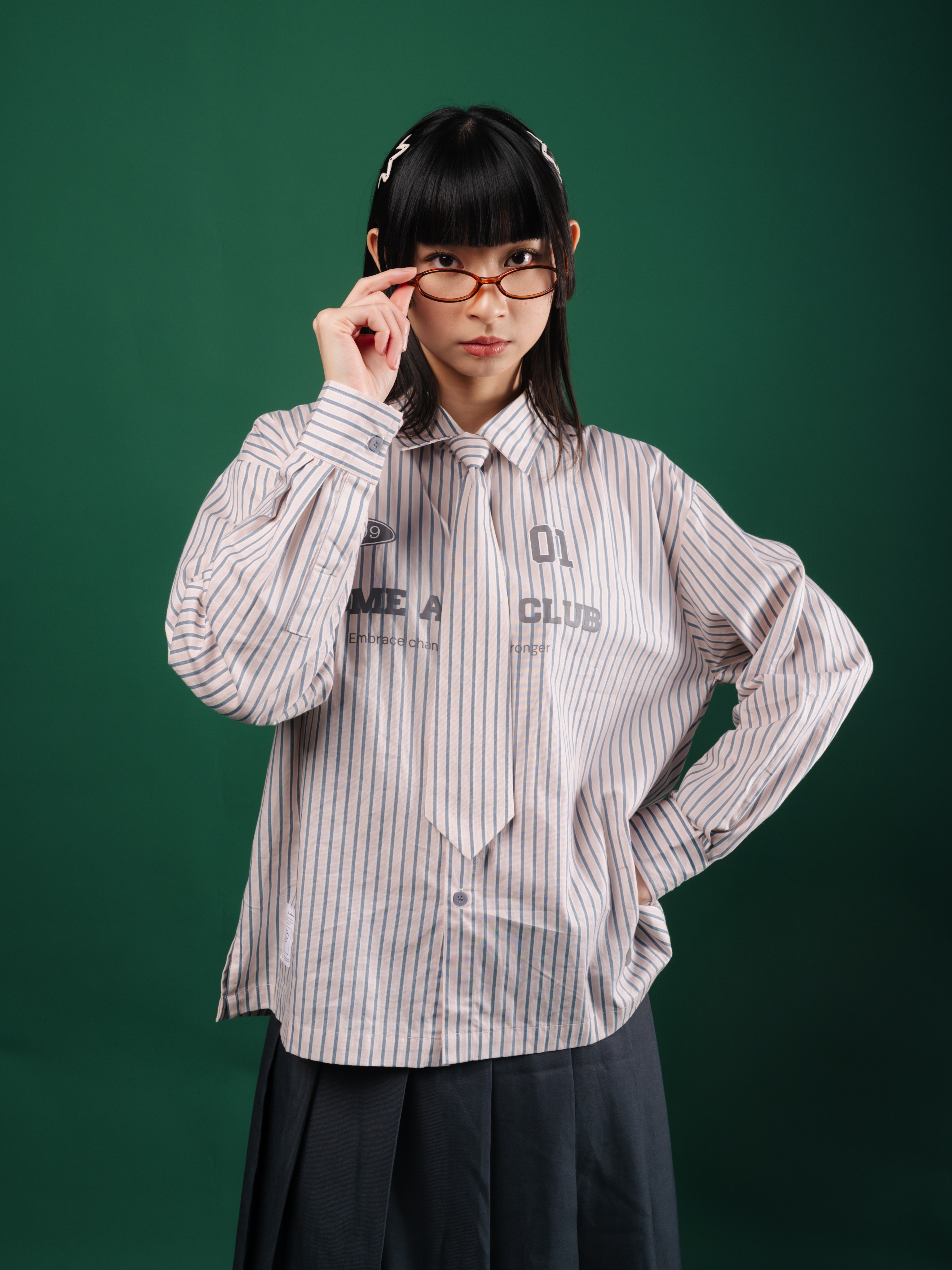 Tome Ame - Tome Ame 01 Stripped Shirt Pink - Kemeja Lengan Panjang Aksen Dasi