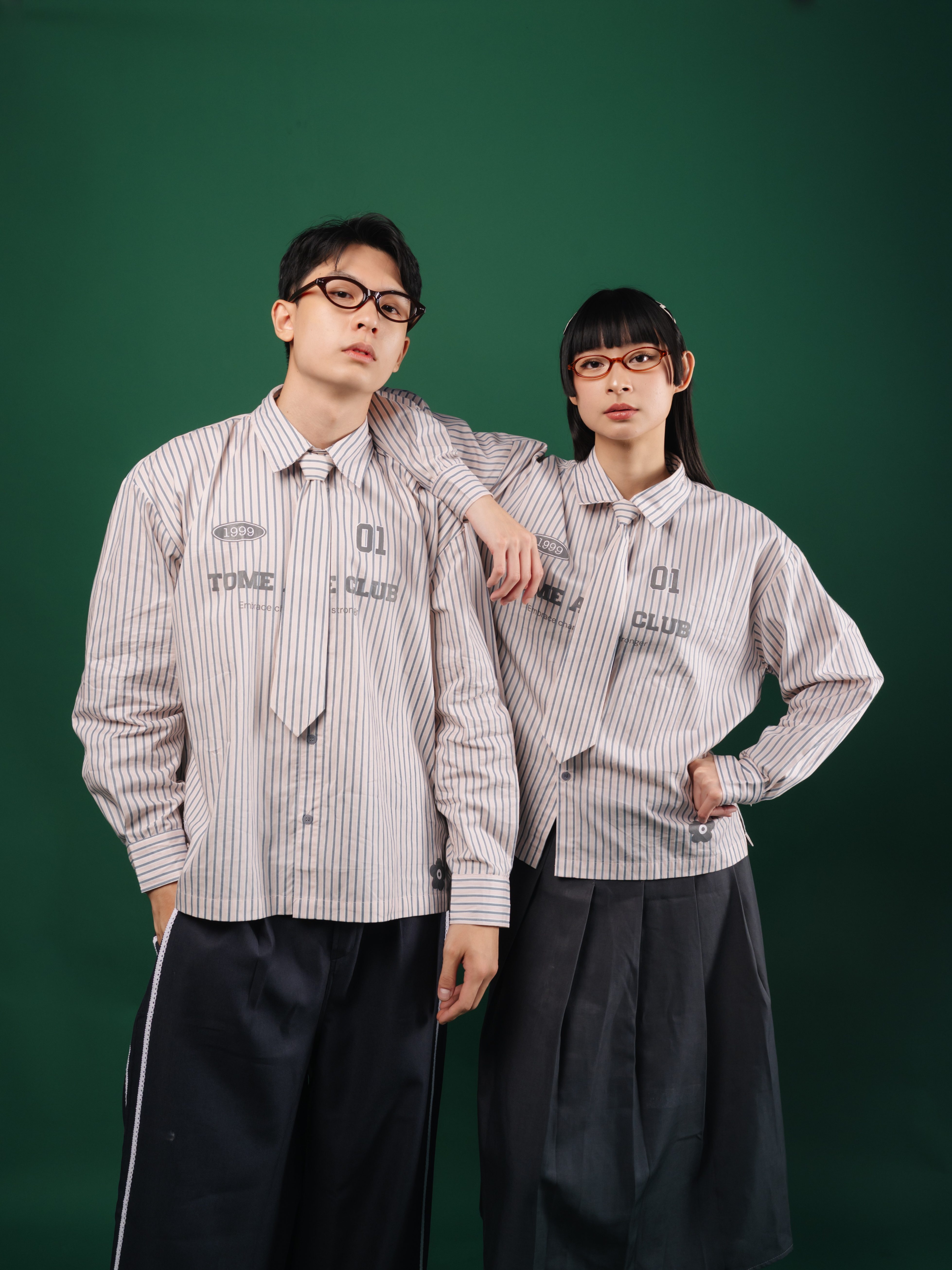 Tome Ame - Tome Ame 01 Stripped Shirt Pink - Kemeja Lengan Panjang Aksen Dasi
