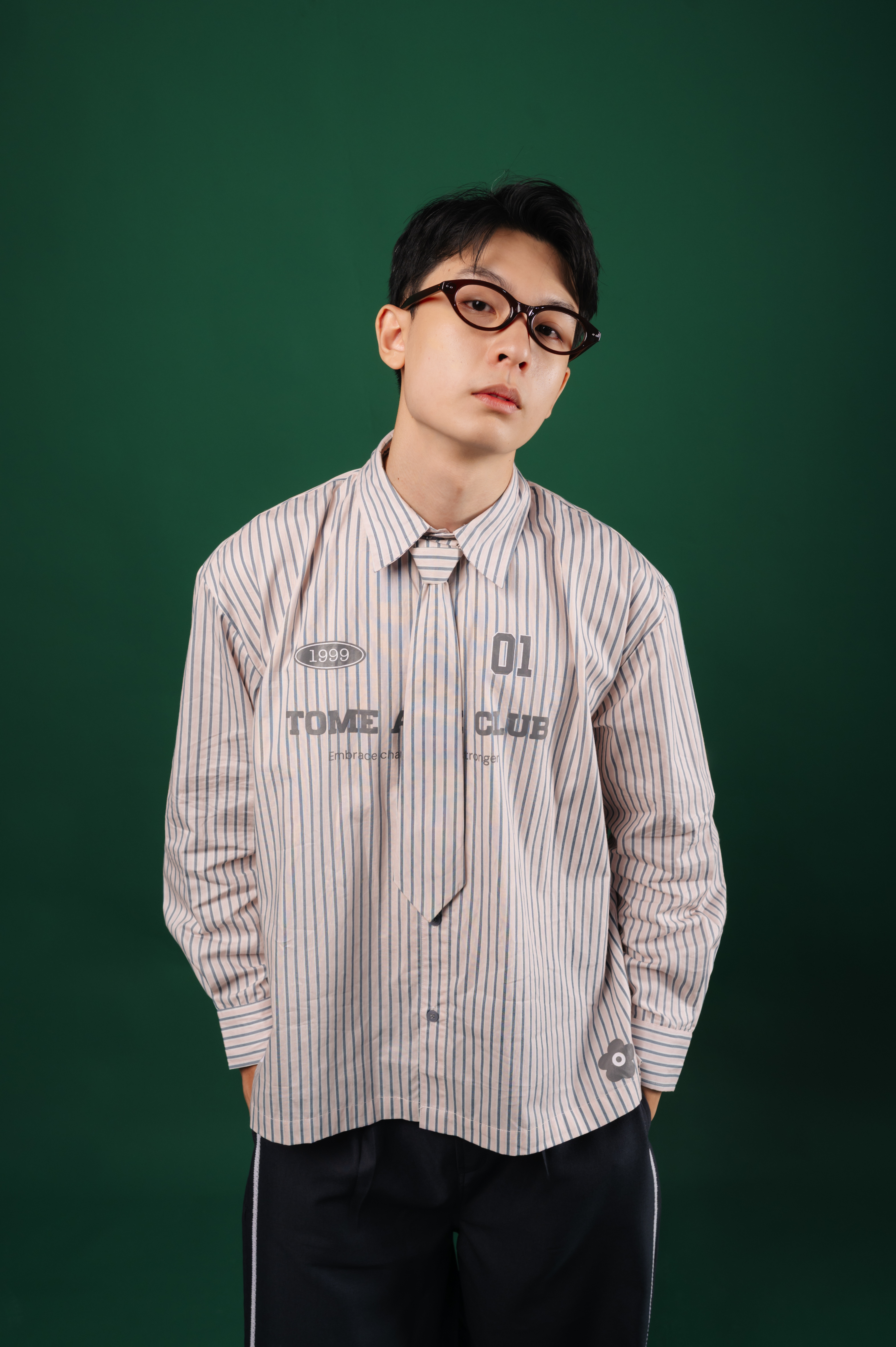 Tome Ame - Tome Ame 01 Stripped Shirt Pink - Kemeja Lengan Panjang Aksen Dasi