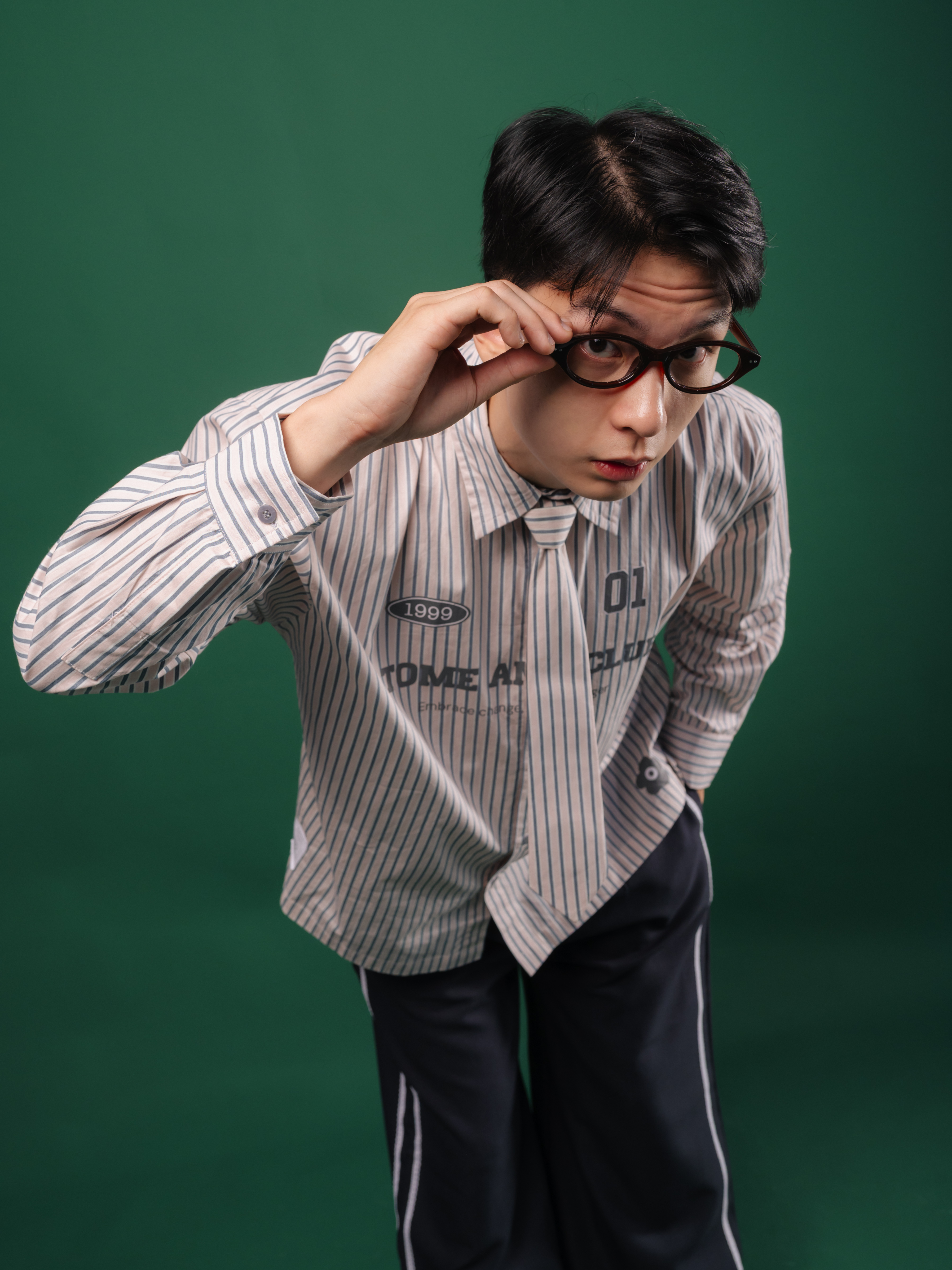 Tome Ame - Tome Ame 01 Stripped Shirt Pink - Kemeja Lengan Panjang Aksen Dasi