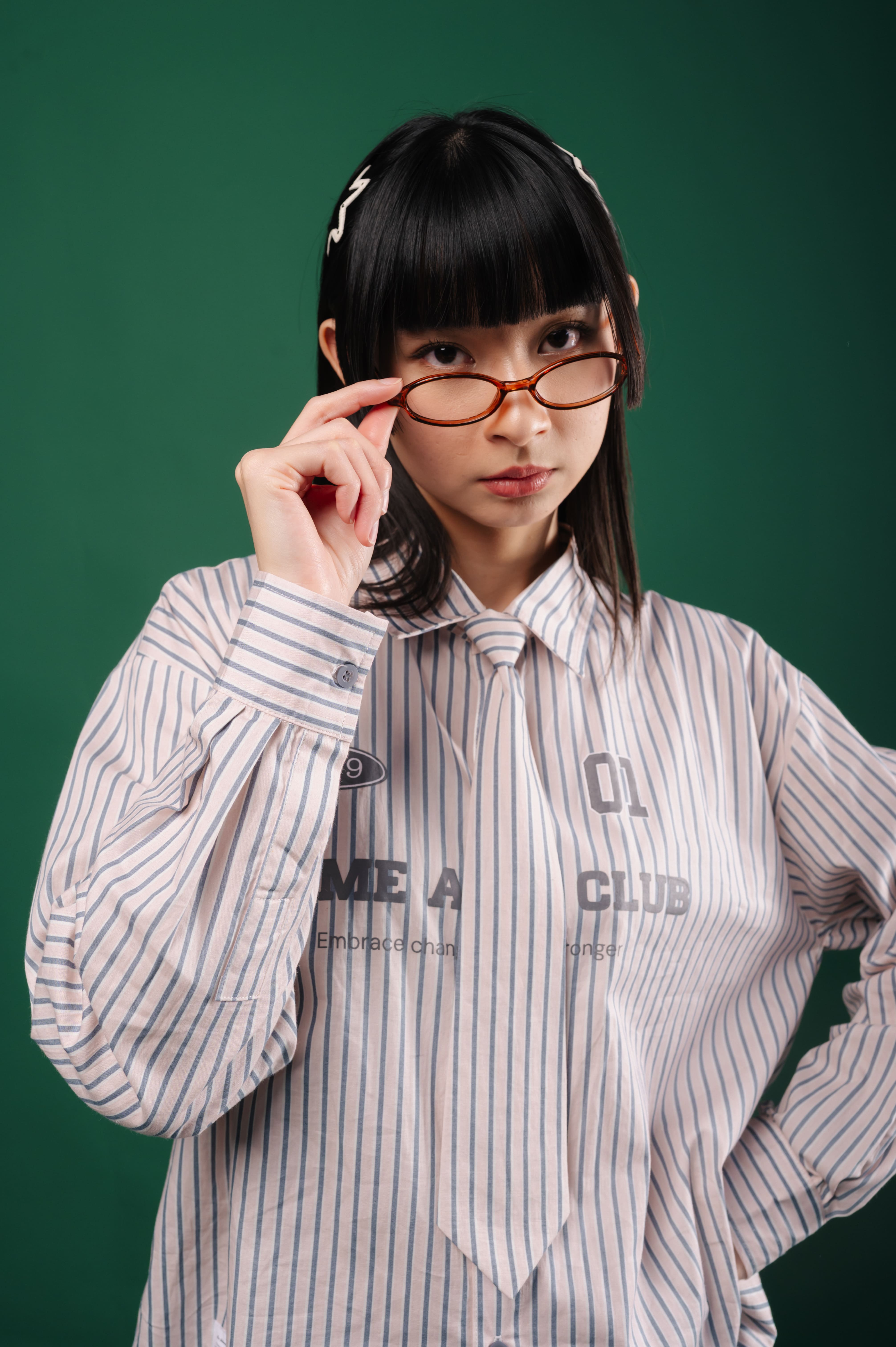 Tome Ame - Tome Ame 01 Stripped Shirt Pink - Kemeja Lengan Panjang Aksen Dasi