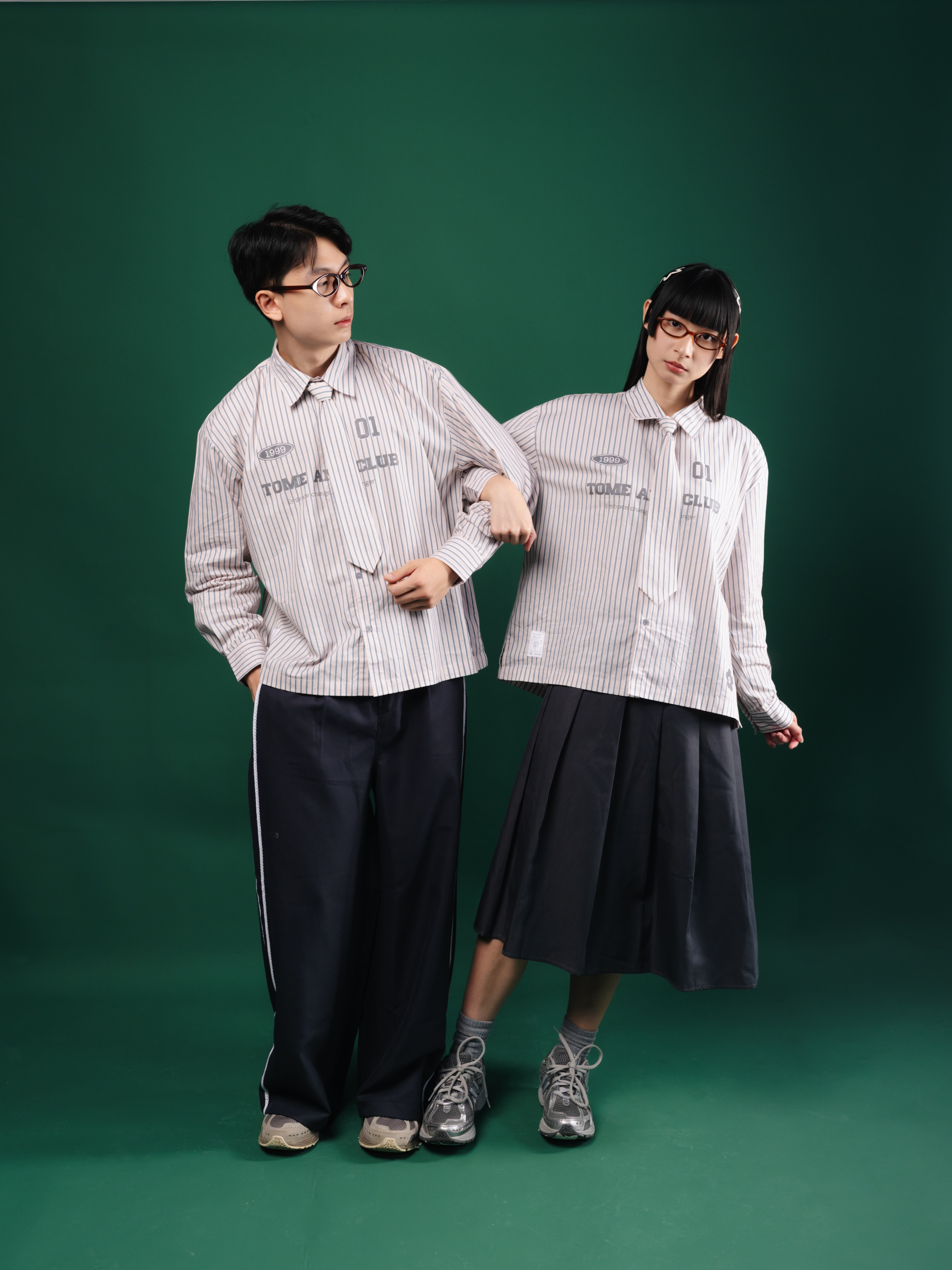 Tome Ame - Tome Ame 01 Stripped Shirt Pink - Kemeja Lengan Panjang Aksen Dasi