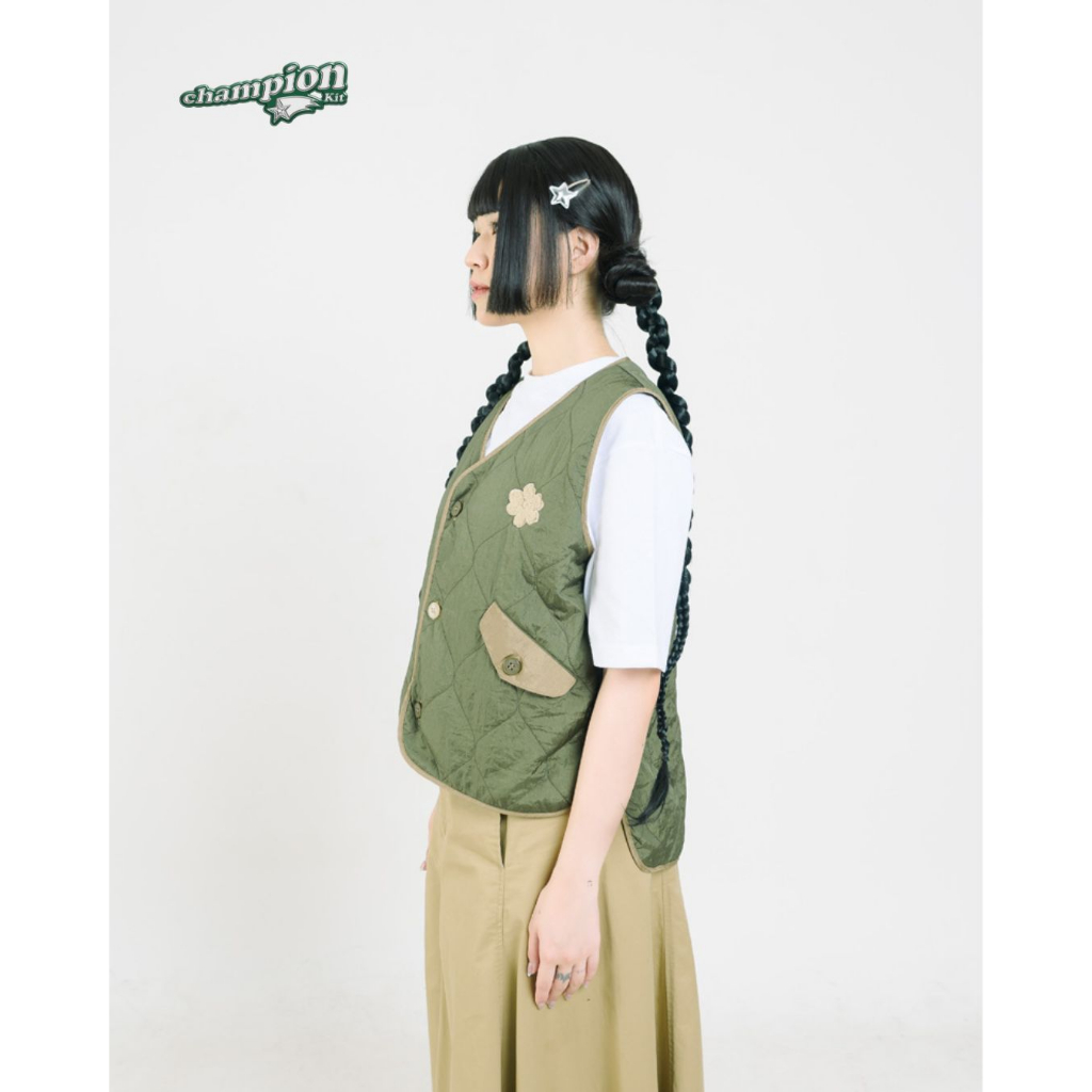Tome Ame - Yuko Quilted Vest Olive Vest Quilting