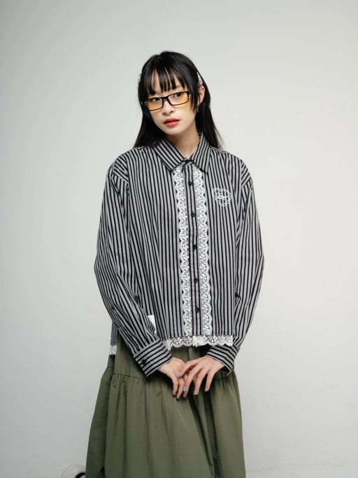 Image of Tome Ame - Omi Striped Shirt Black - Kemeja Garis Lengan Panjang Embrodiery
