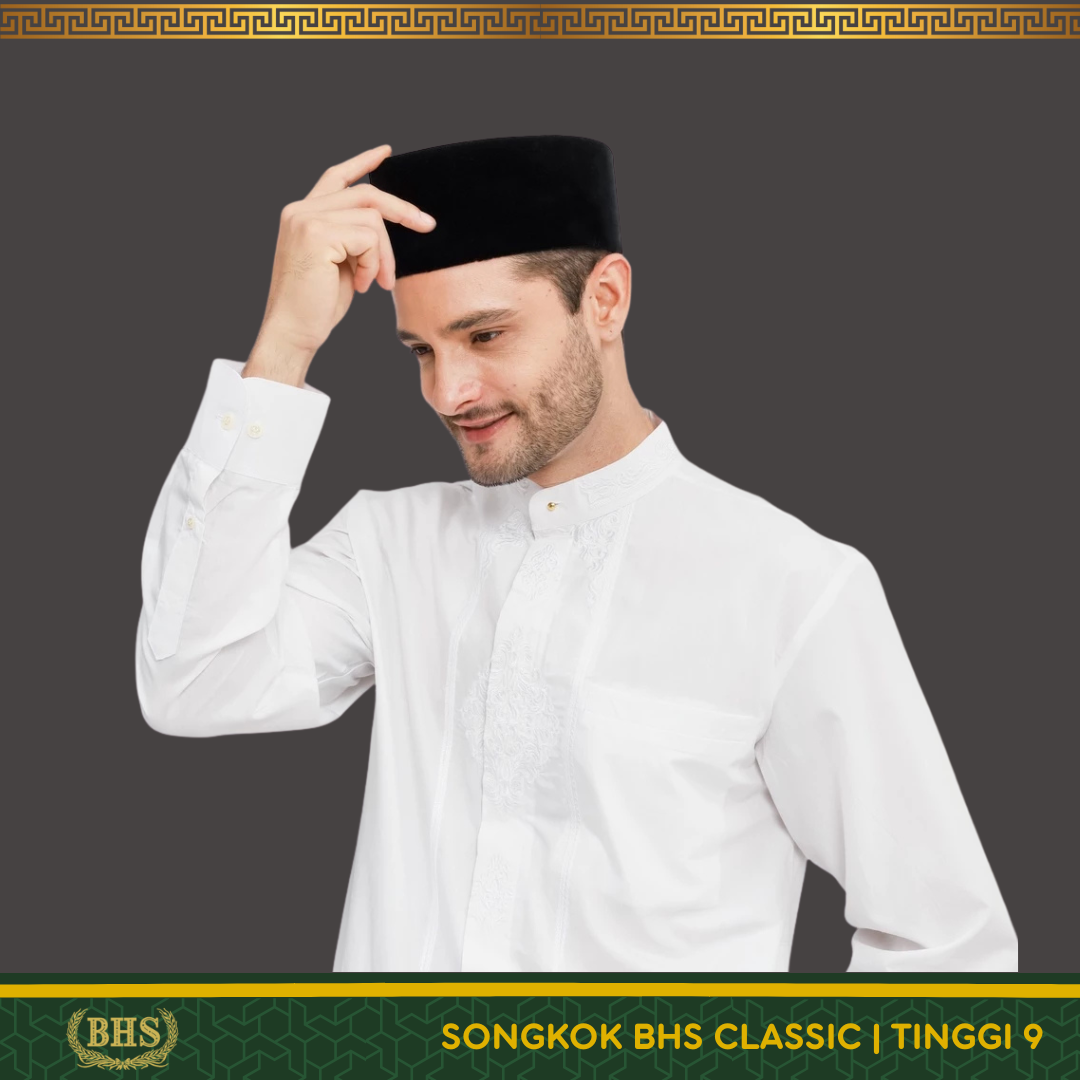 Songkok Peci BHS Classic AC Tinggi 9 Ukuran 6, 7, 8, 9, dan 10 Bahan Beluddru Hitam